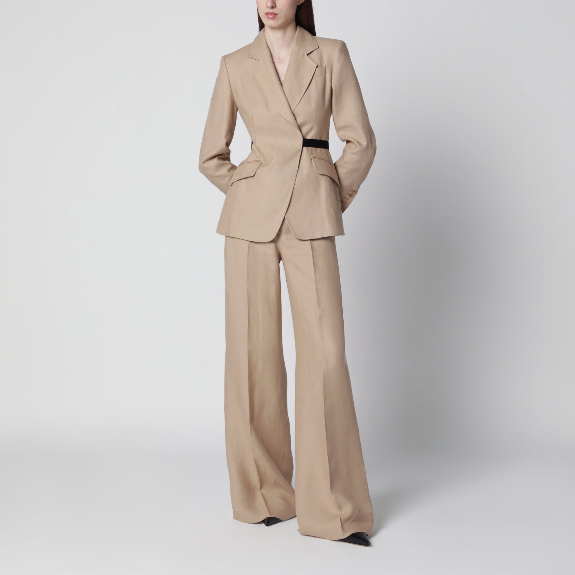 Regular-fit linen natté trousers in sand