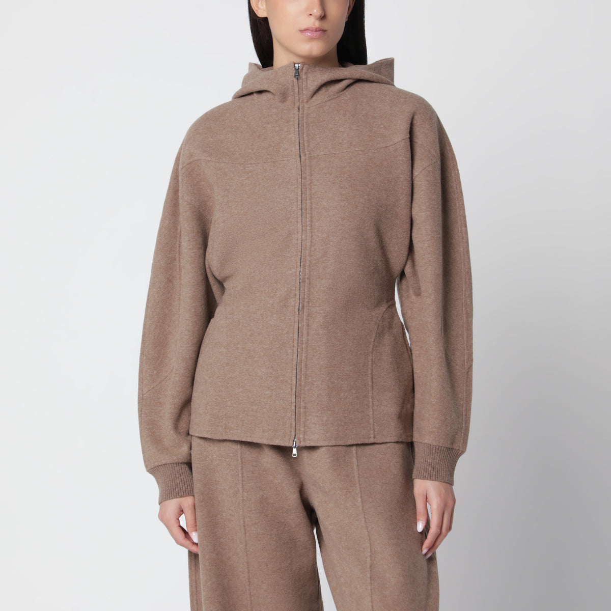 Felpa con cappuccio marrone in lana e cashmere