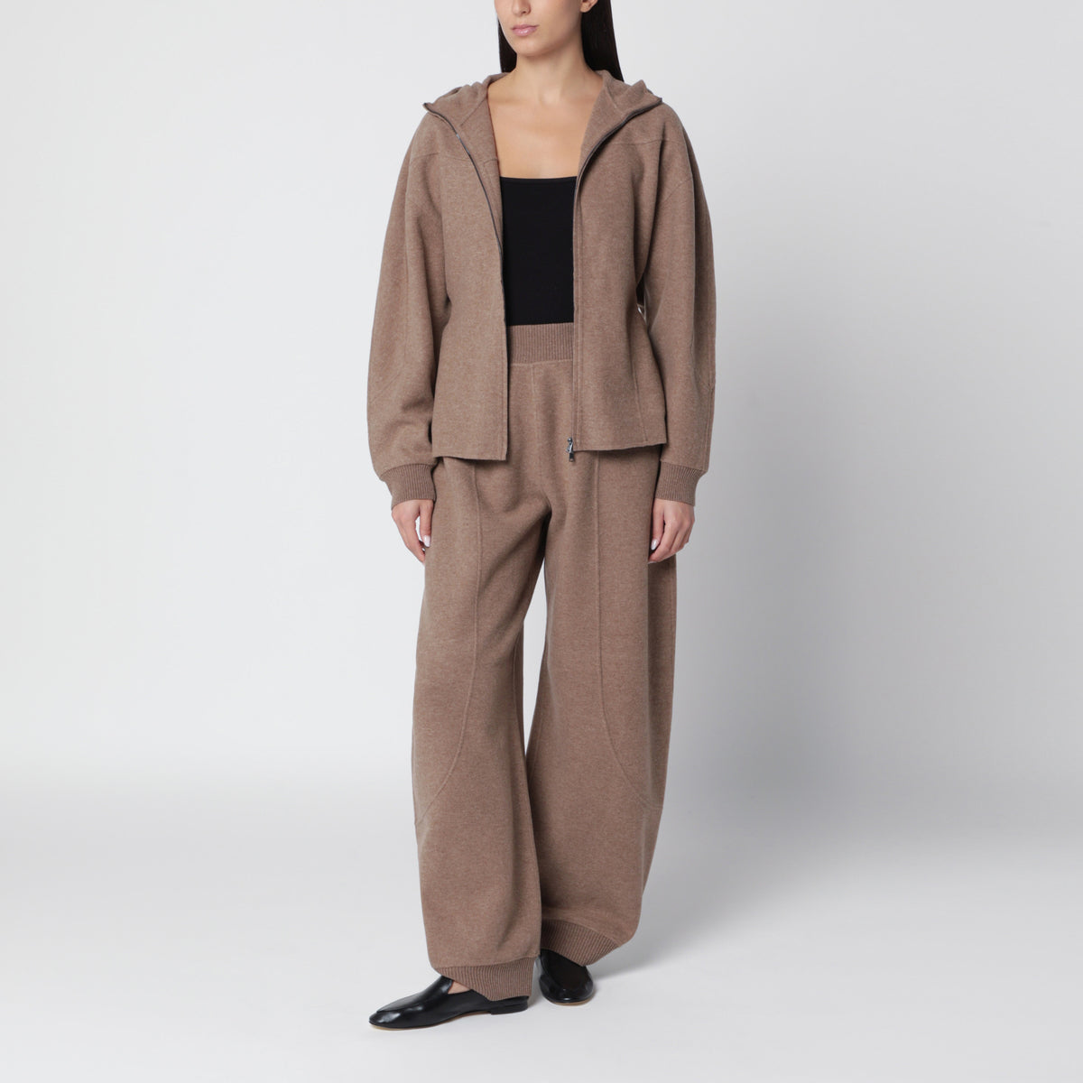 Felpa con cappuccio marrone in lana e cashmere