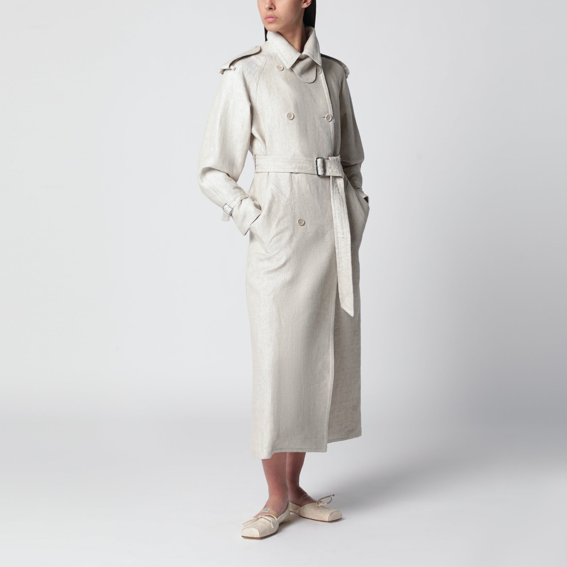 Sand-coloured double-breasted duster coat in linen drill
