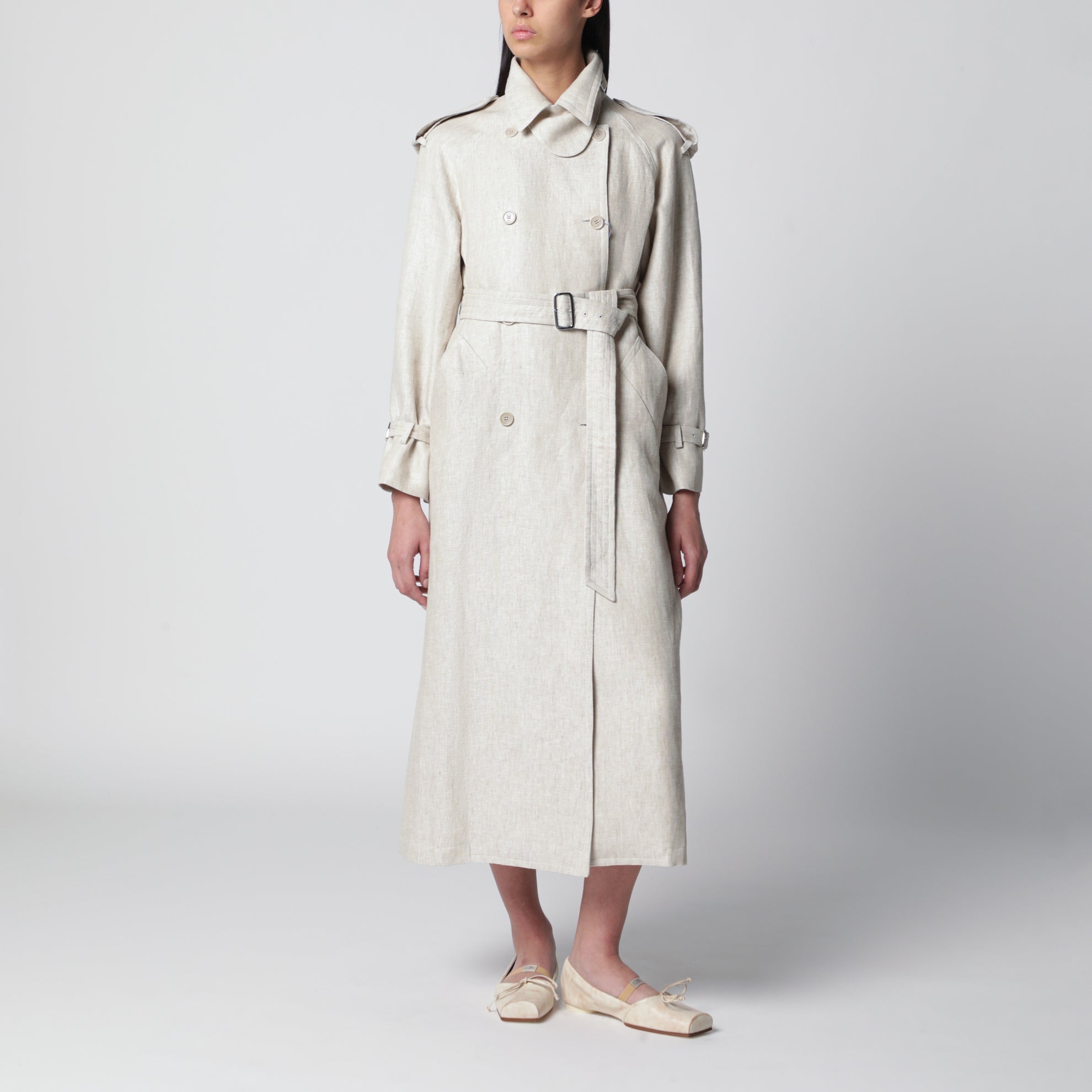 Sand-coloured double-breasted duster coat in linen drill