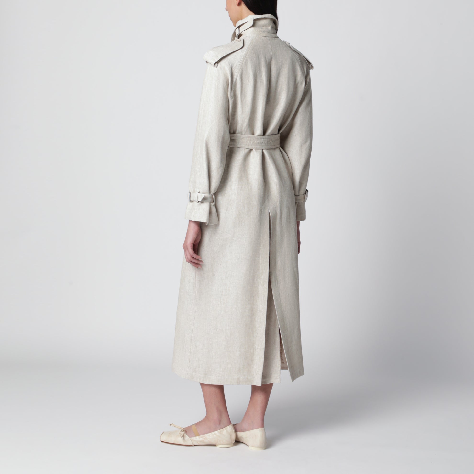 Sand-coloured double-breasted duster coat in linen drill