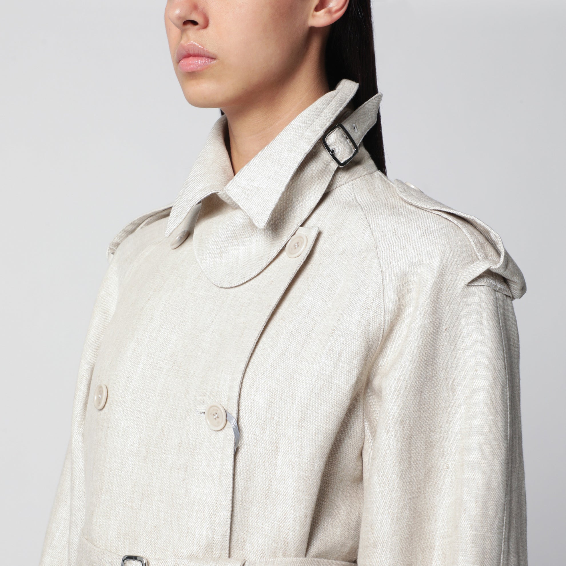 Sand-coloured double-breasted duster coat in linen drill