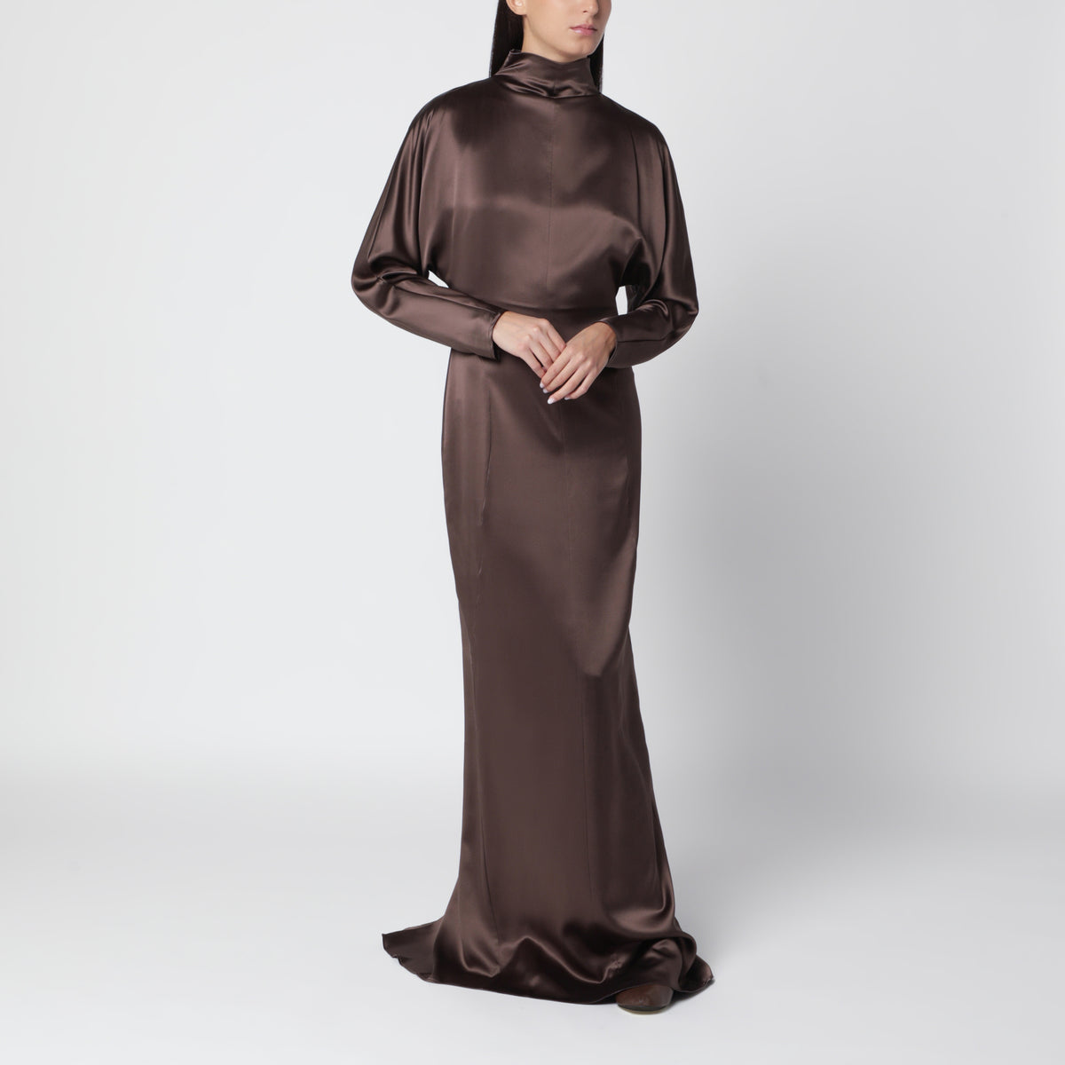 Brown long dress in silk satin