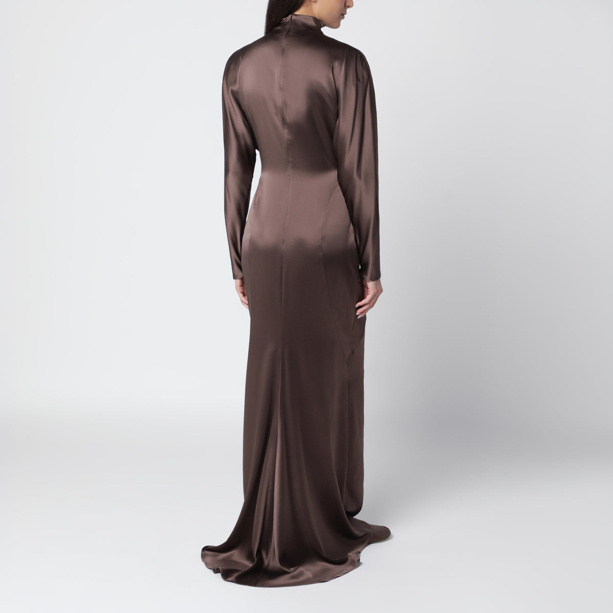 Brown long dress in silk satin