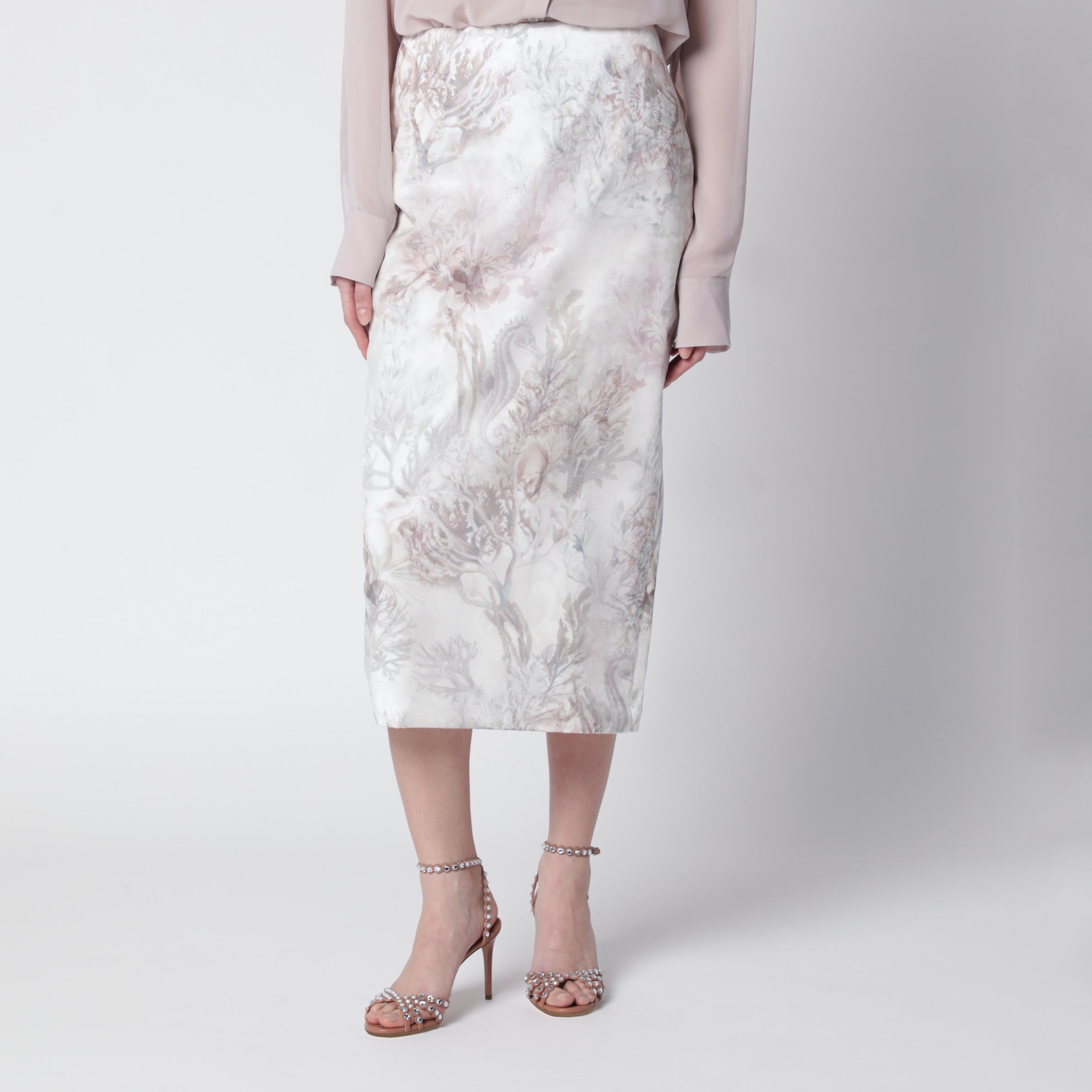 Gonna tubino in gabardina e organza stampata