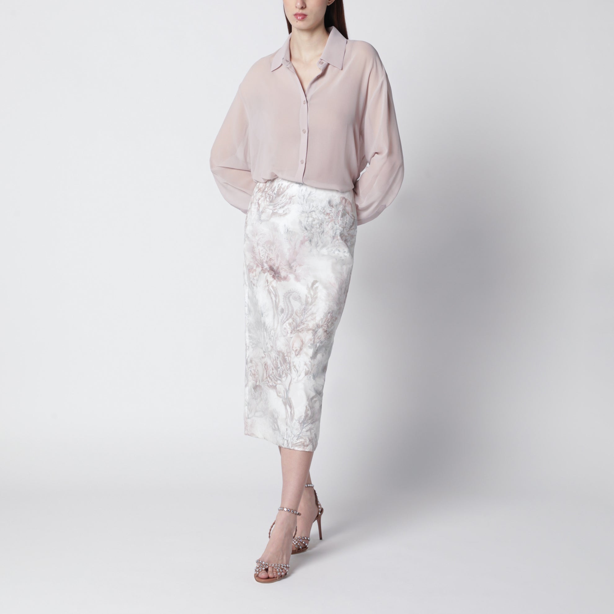 Gonna tubino in gabardina e organza stampata