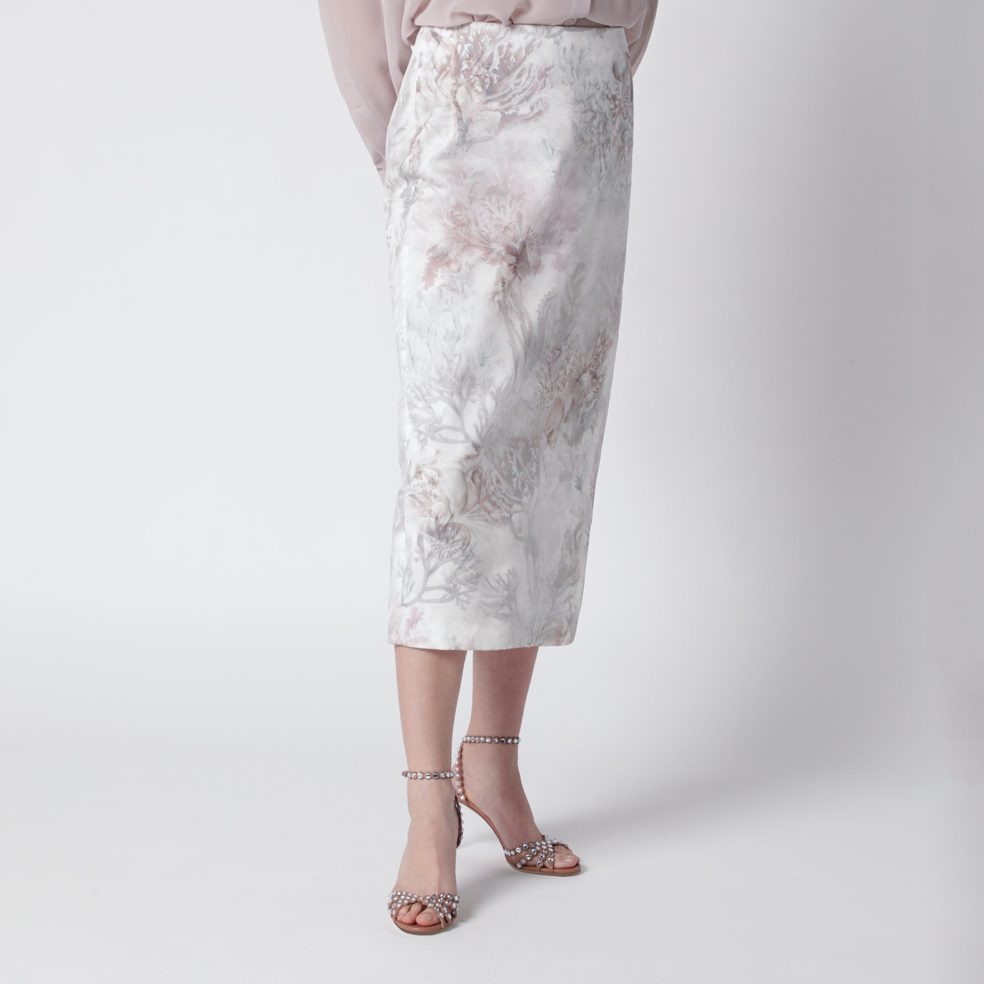 Gonna tubino in gabardina e organza stampata