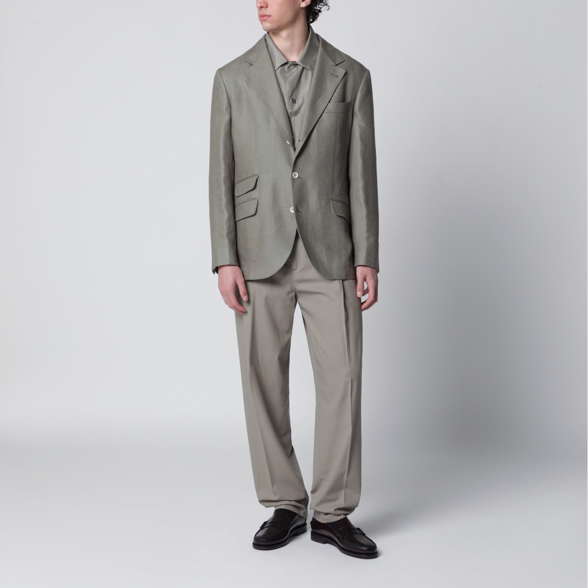 Deconstructed Cavallo jacket in khaki silk hopsack
