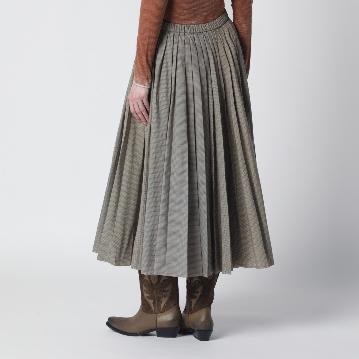 Checked pleated midi skirt