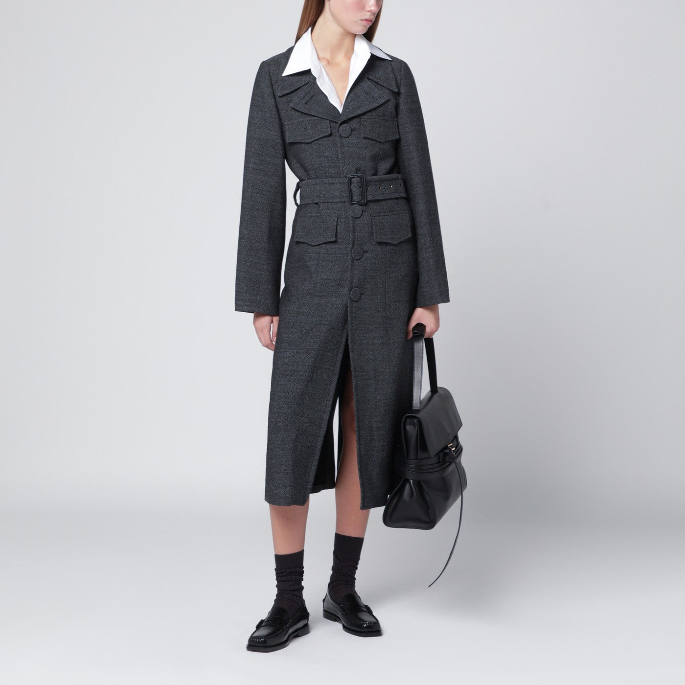 Grey wool coat with belt
