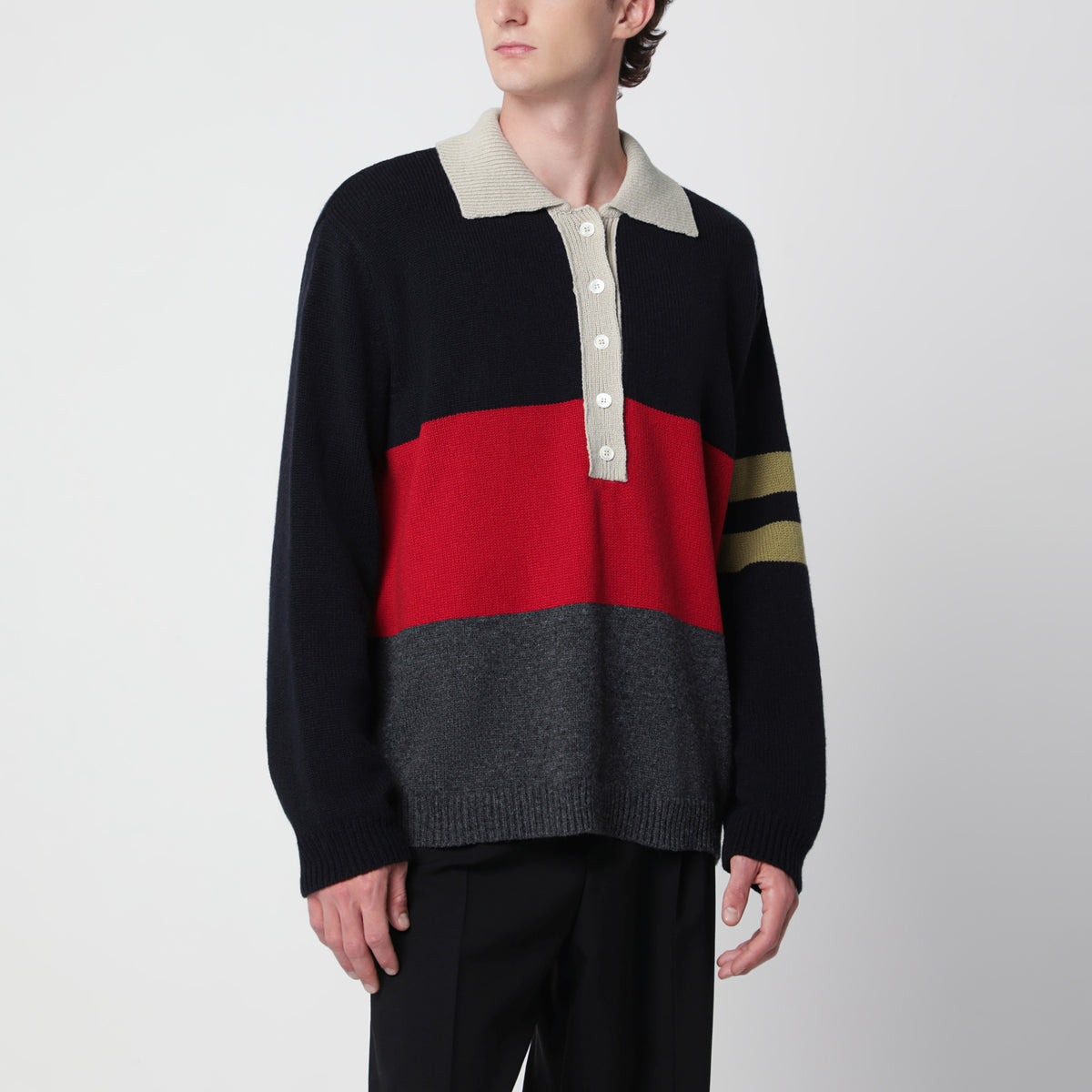 Striped colour-block polo sweater in wool