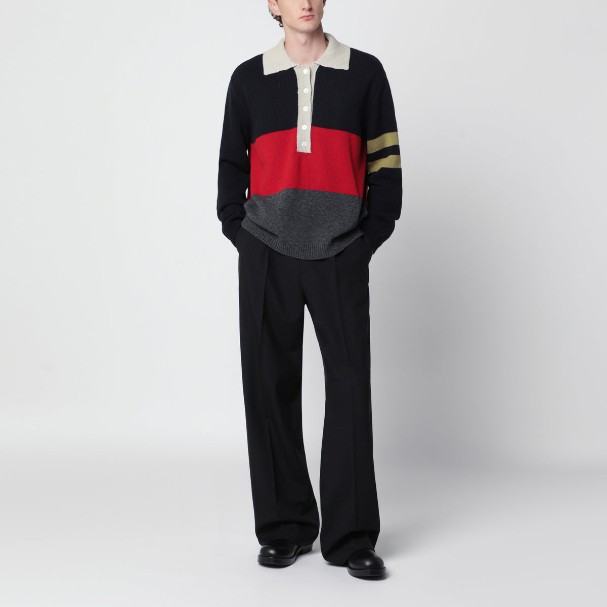 Striped colour-block polo sweater in wool