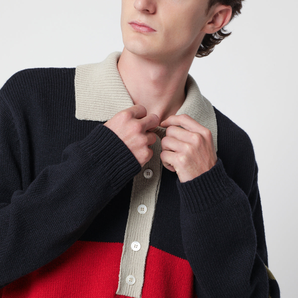 Striped colour-block polo sweater in wool