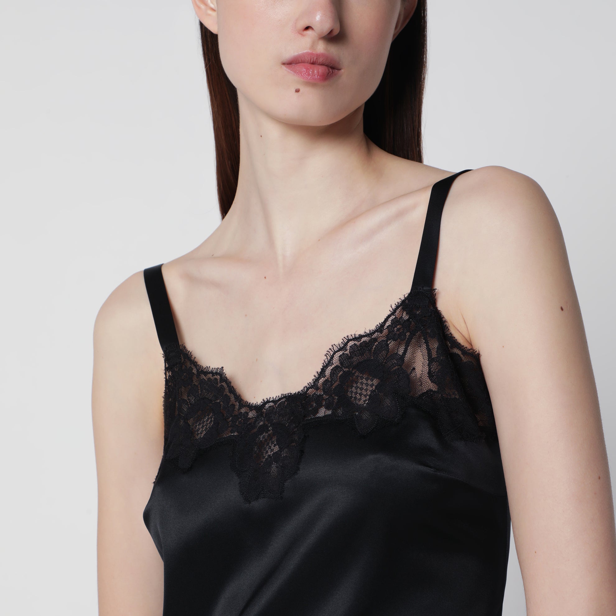 Black silk satin slip with lace trim