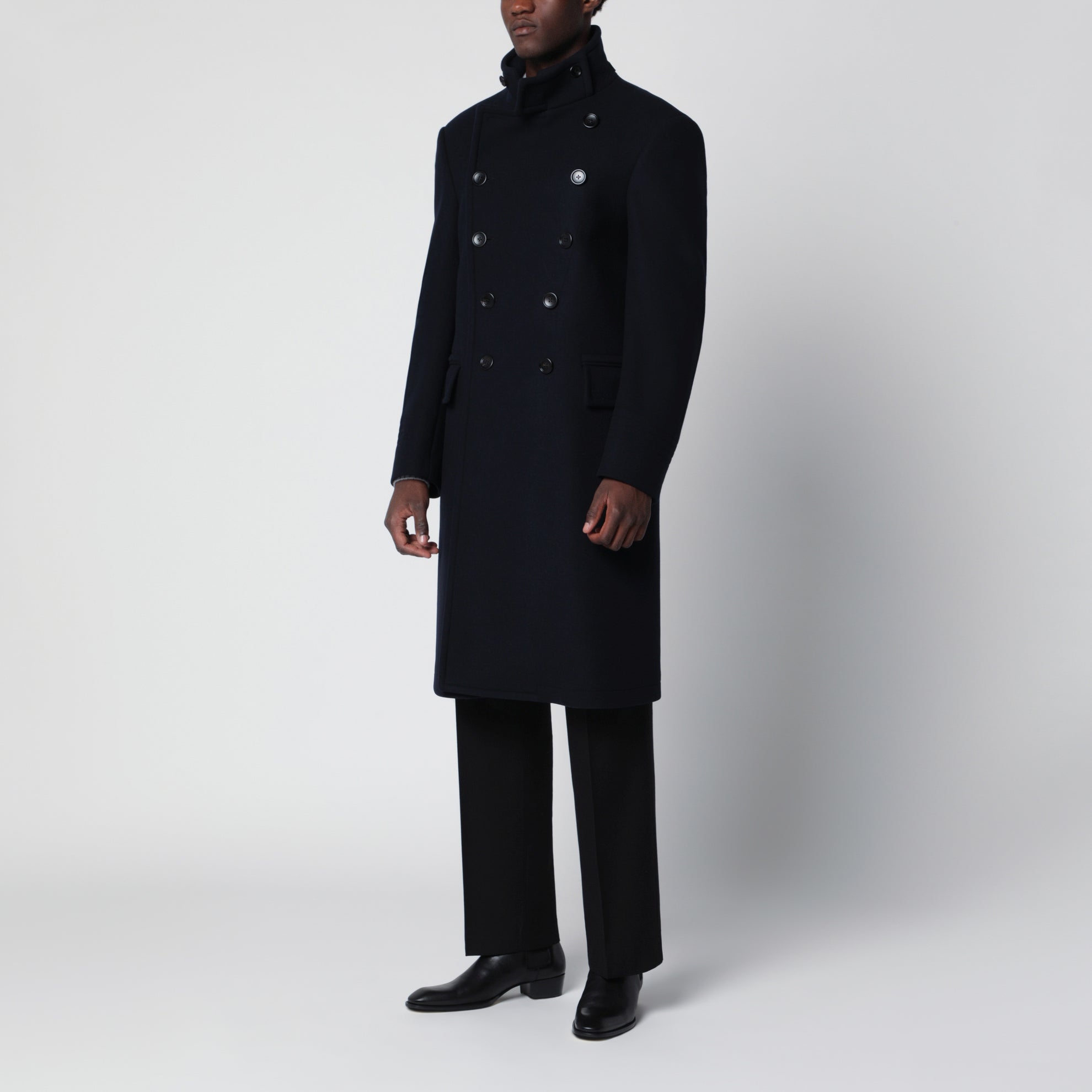Mitternachtsblauer doppelreihiger Wollmantel