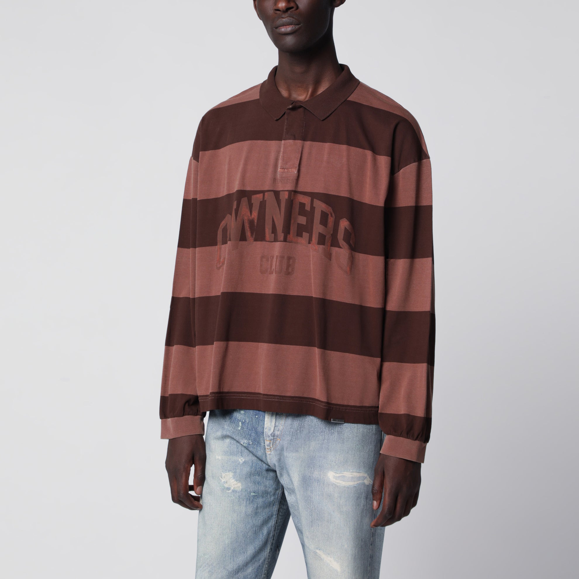 Owners Club Stripe rugby polo in cotton, sienna stripes
