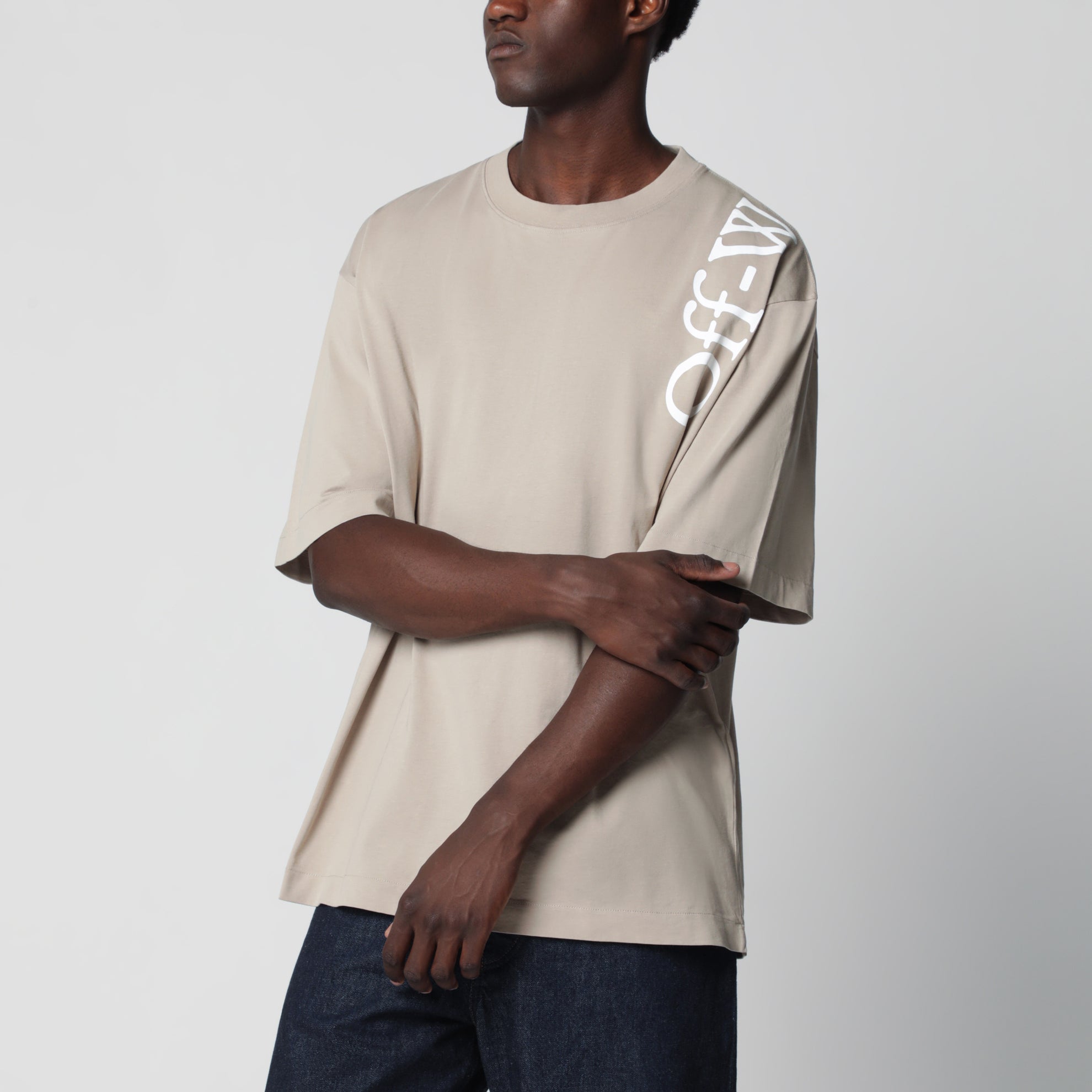 Beige cotton crew-neck T-shirt with printed logo