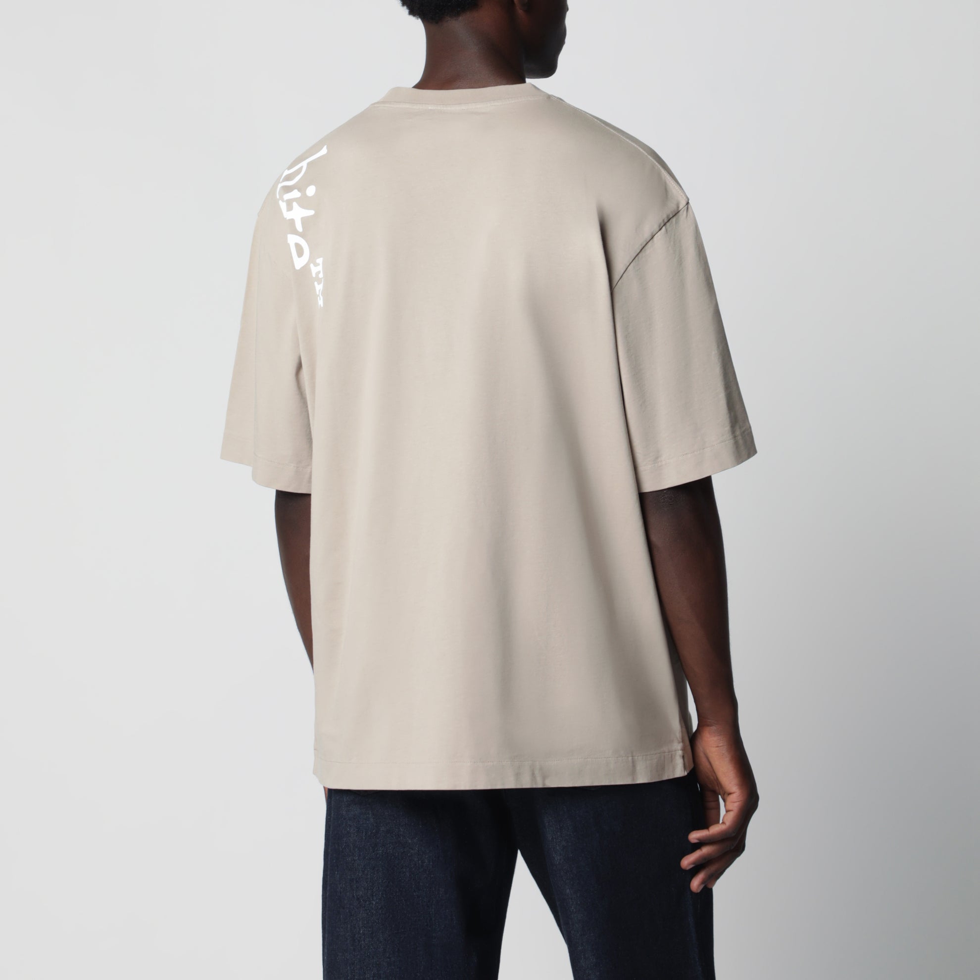 Beige cotton crew-neck T-shirt with printed logo