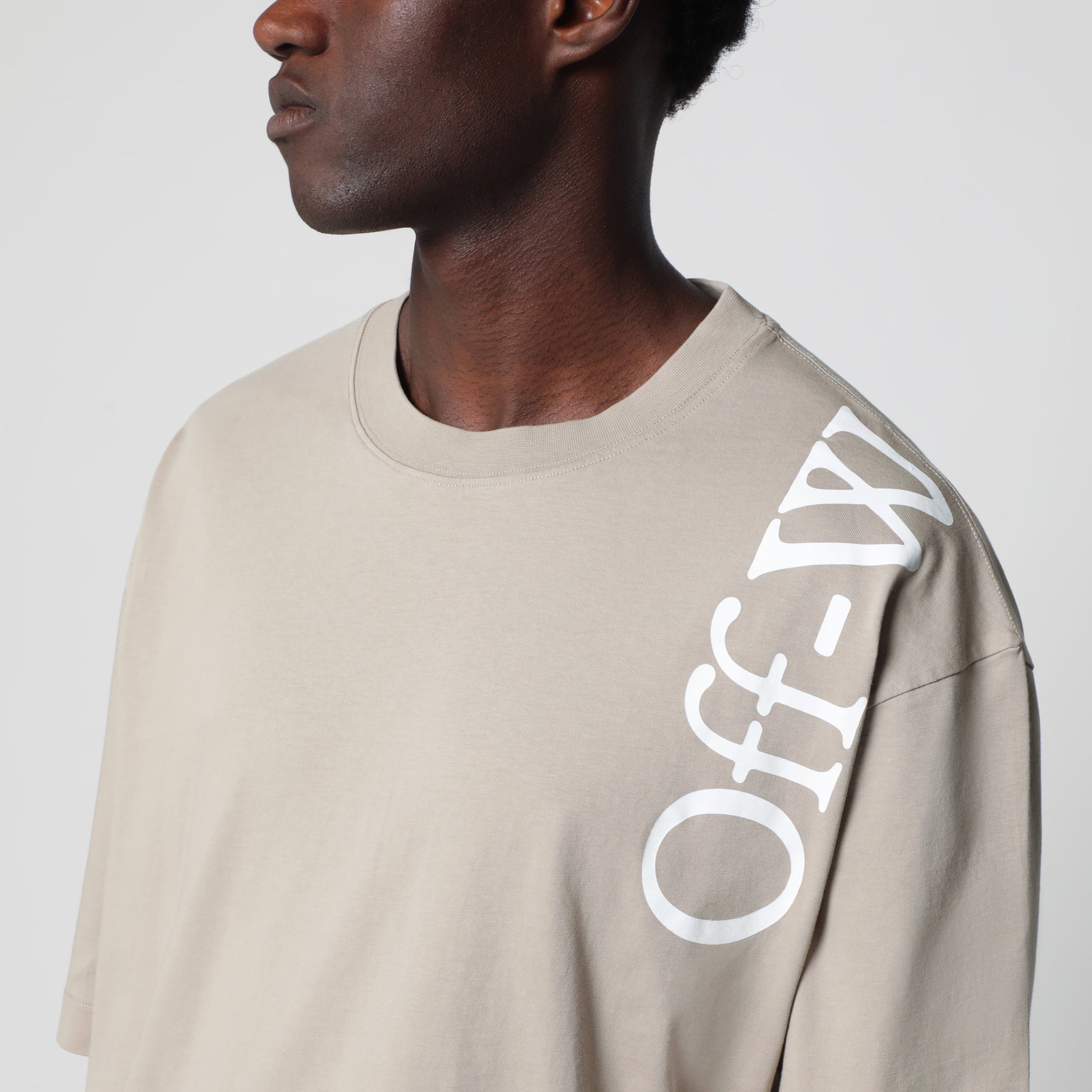 Beige cotton crew-neck T-shirt with printed logo