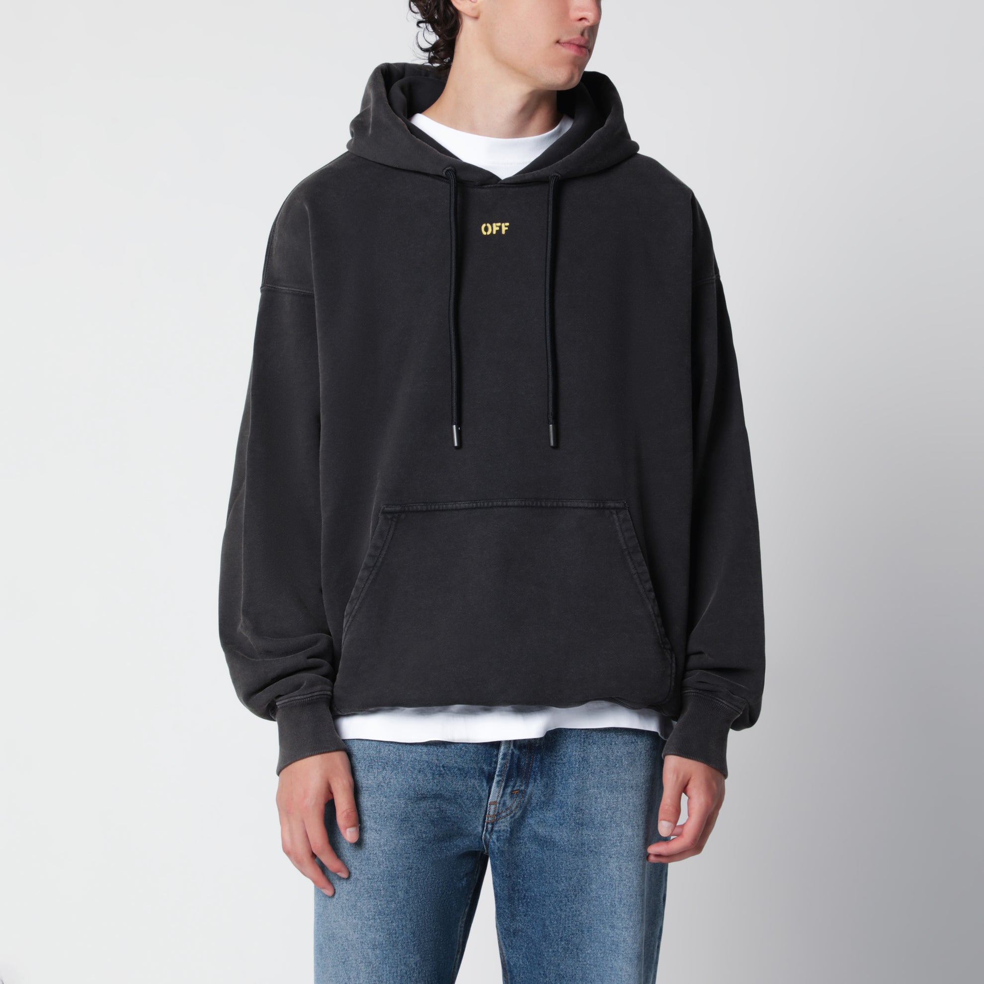 Felpa con cappuccio nera slavata con logo OFF