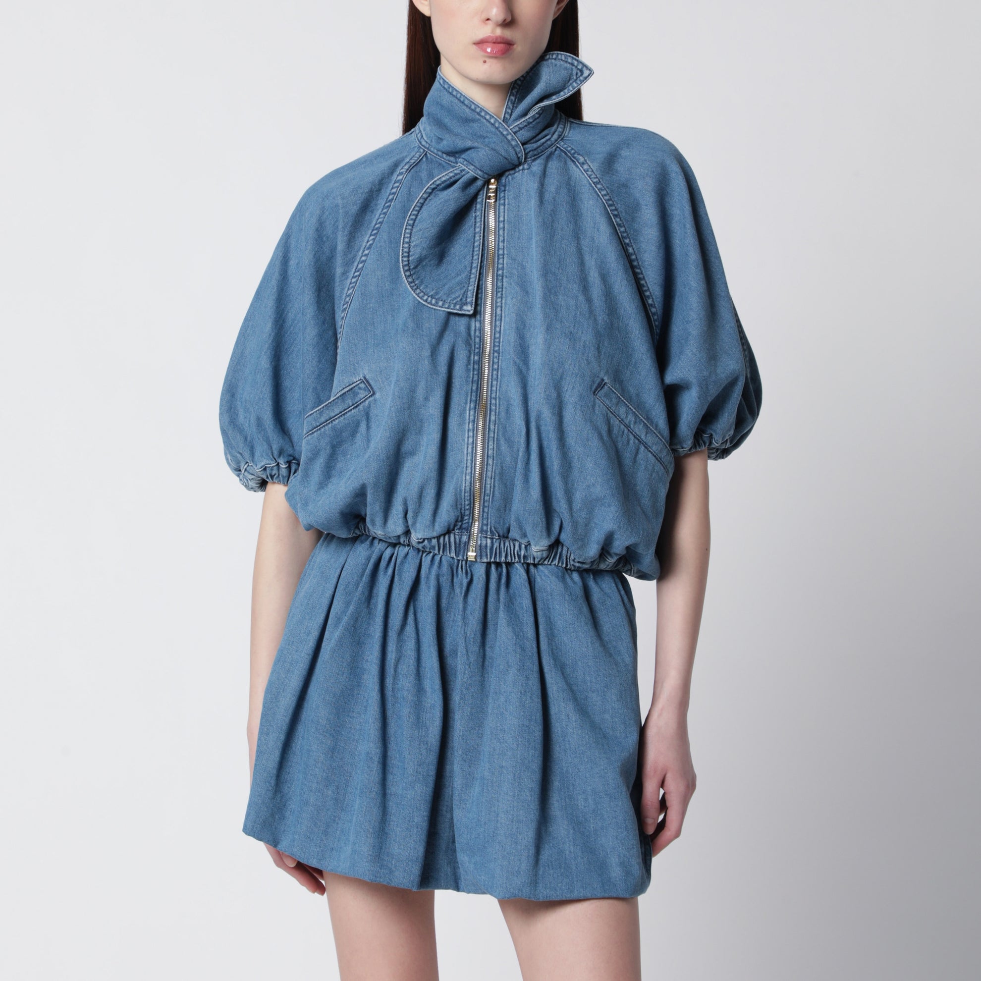 Volume blouson tied in blue cotton blend