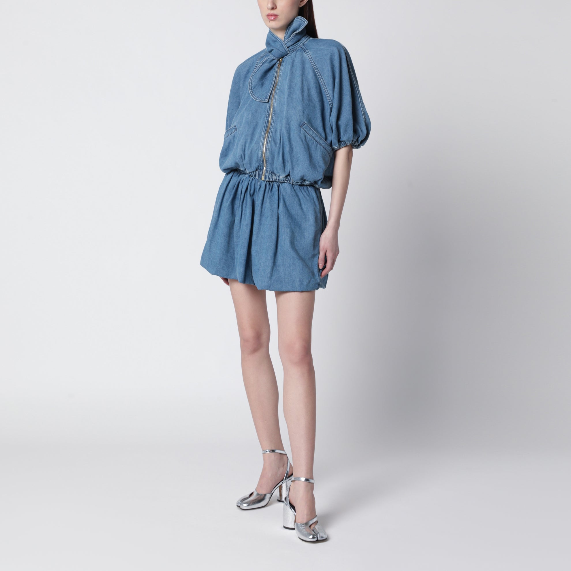 Volume blouson tied in blue cotton blend