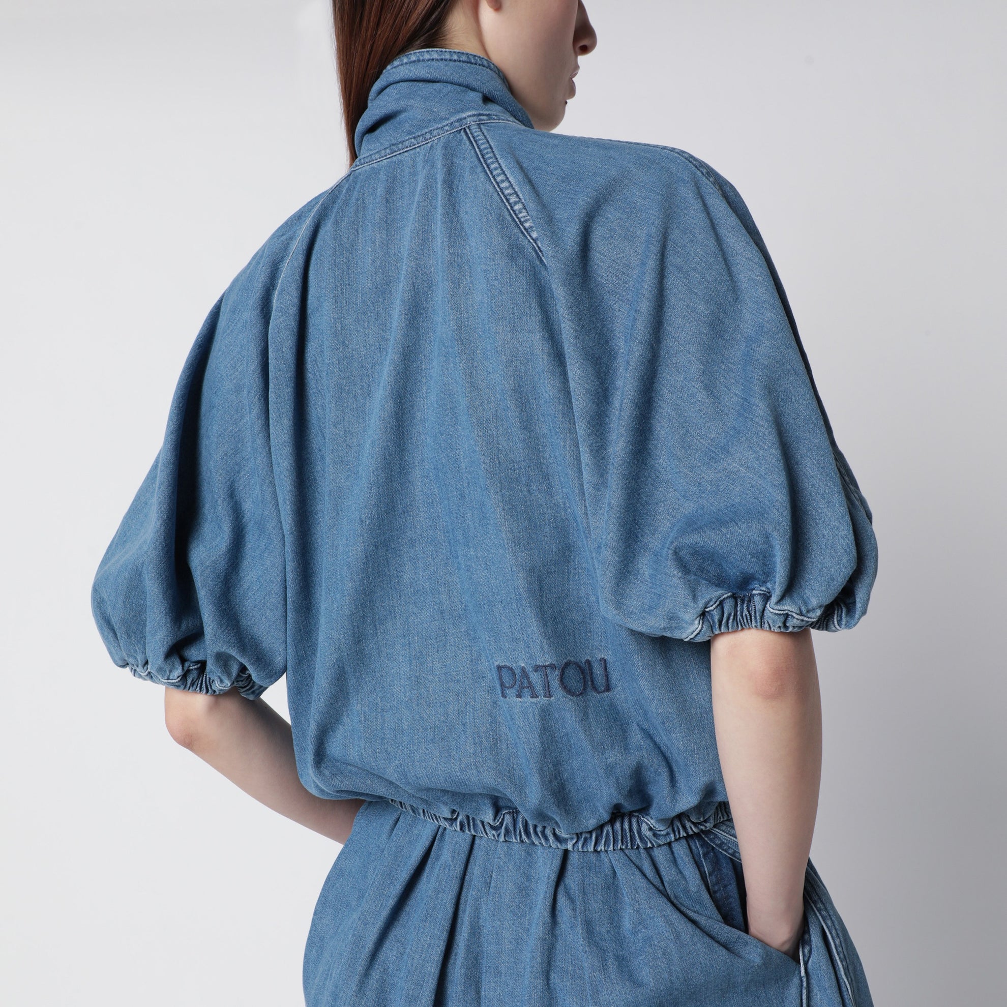 Volume blouson tied in blue cotton blend