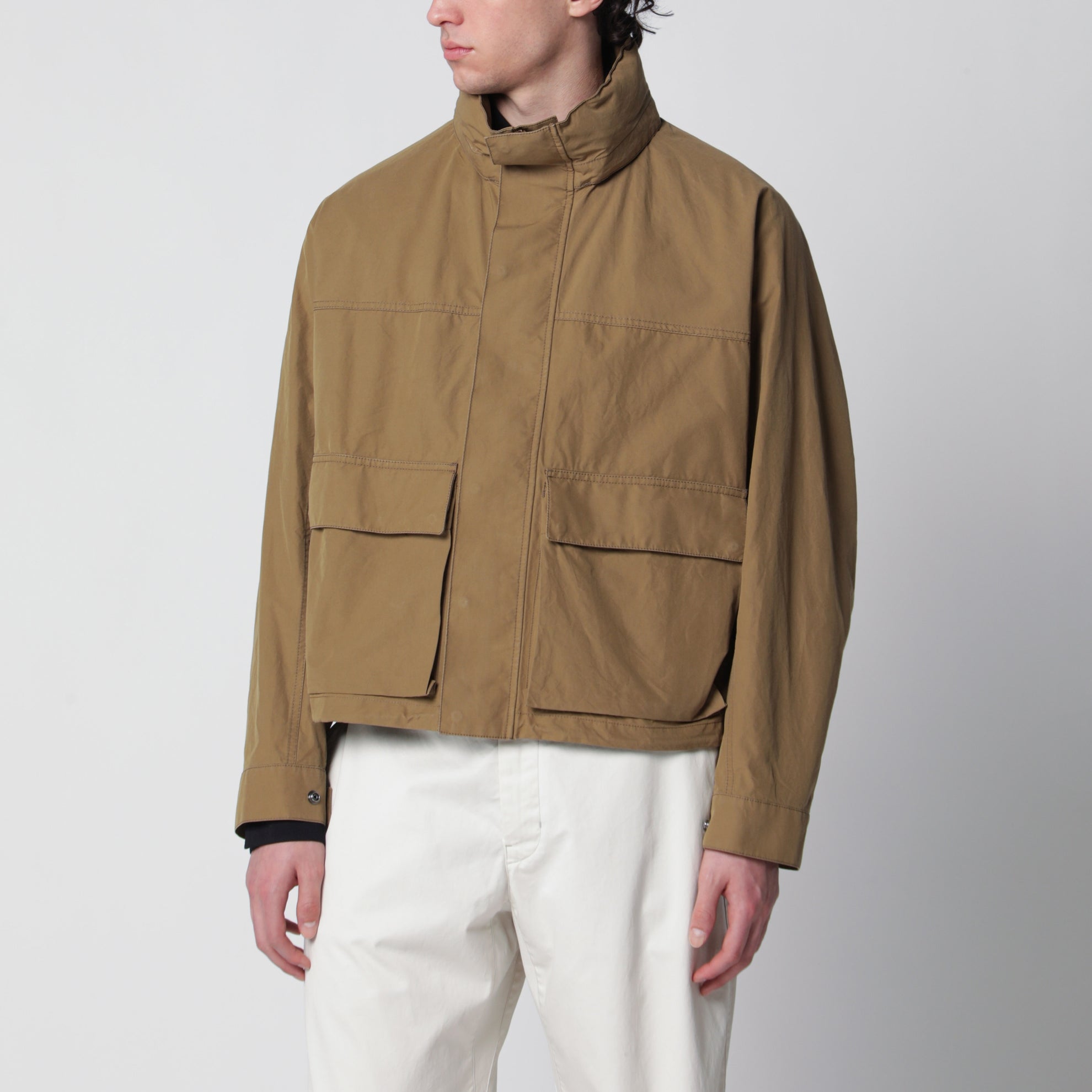 Short hooded parka in khaki cotton