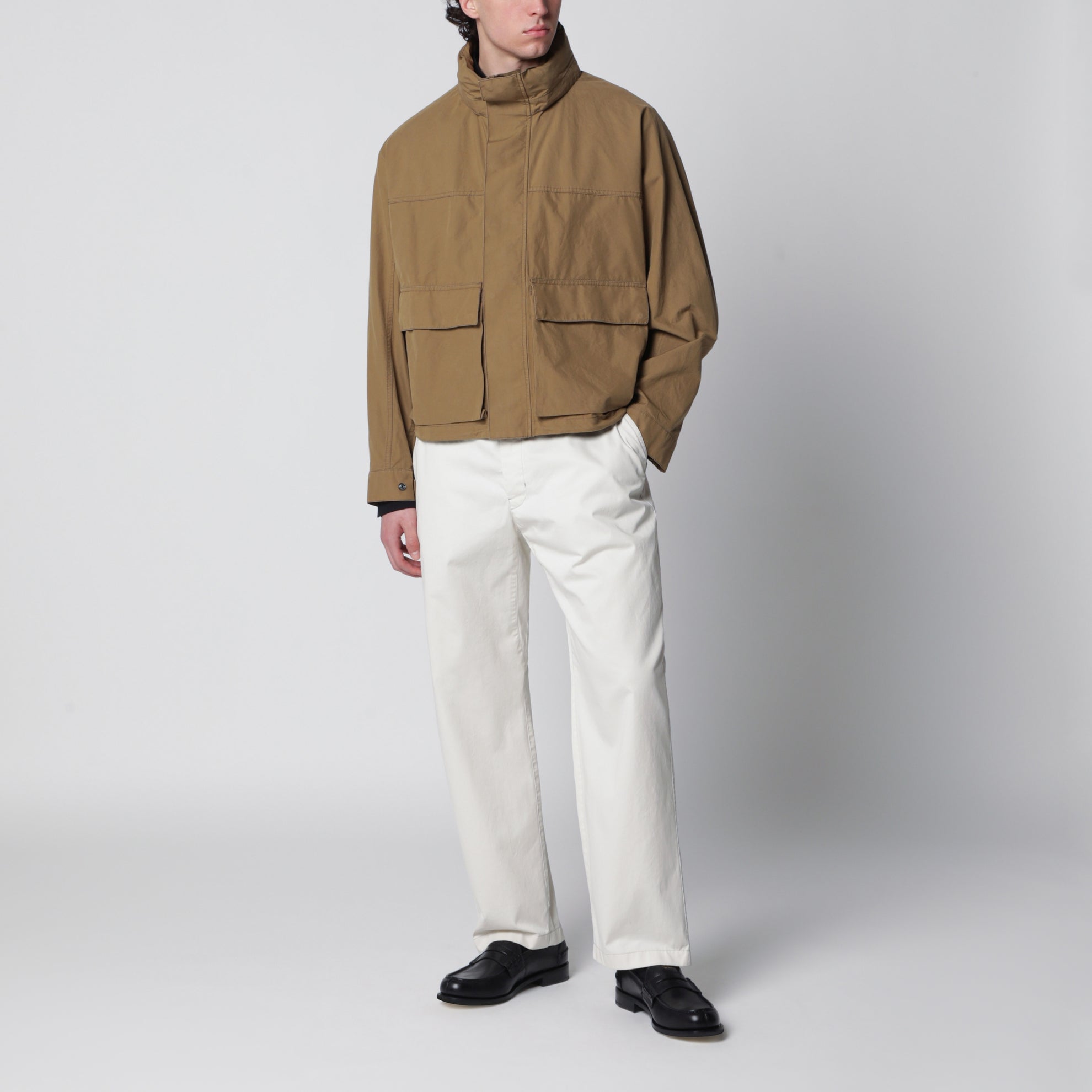 Short hooded parka in khaki cotton