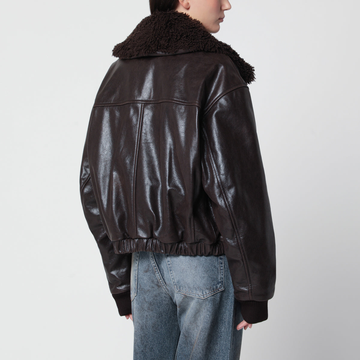 Blouson Pilot couleur ébène en cuir bovin brillant