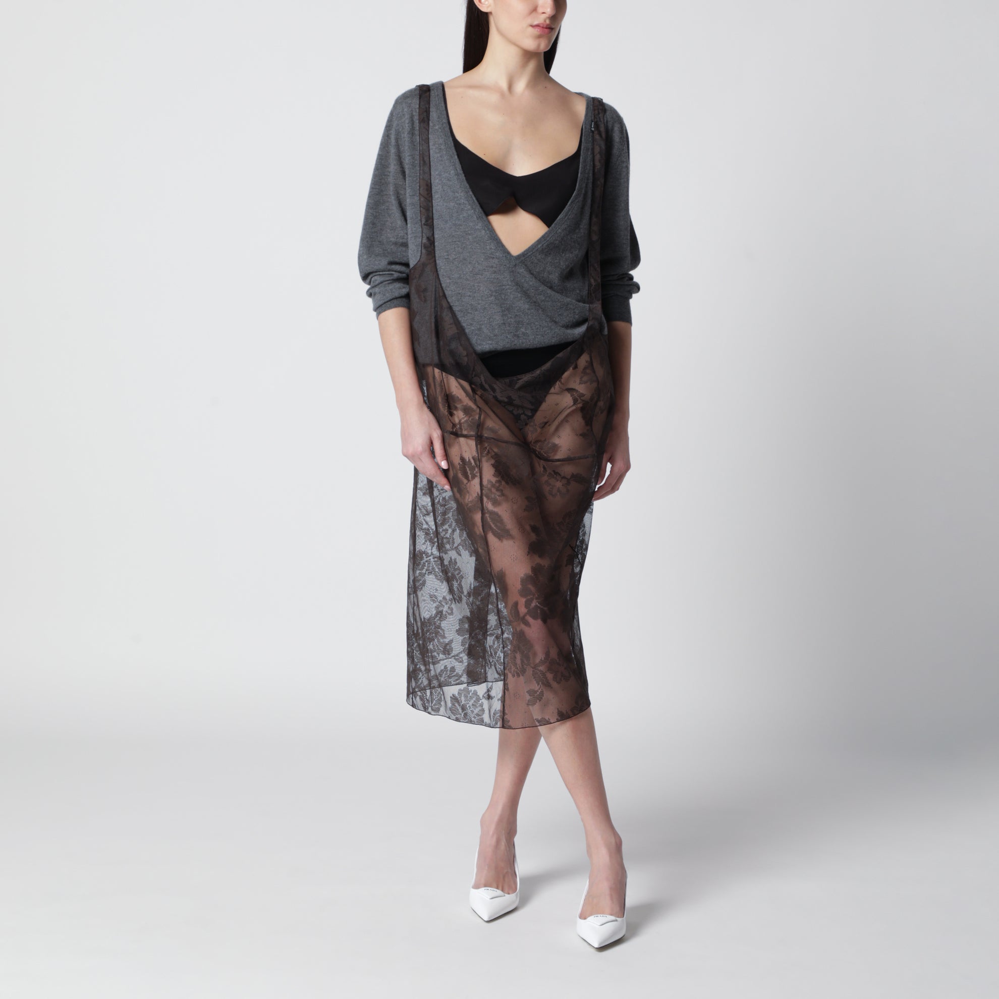 Brown Chantilly lace midi skirt with straps