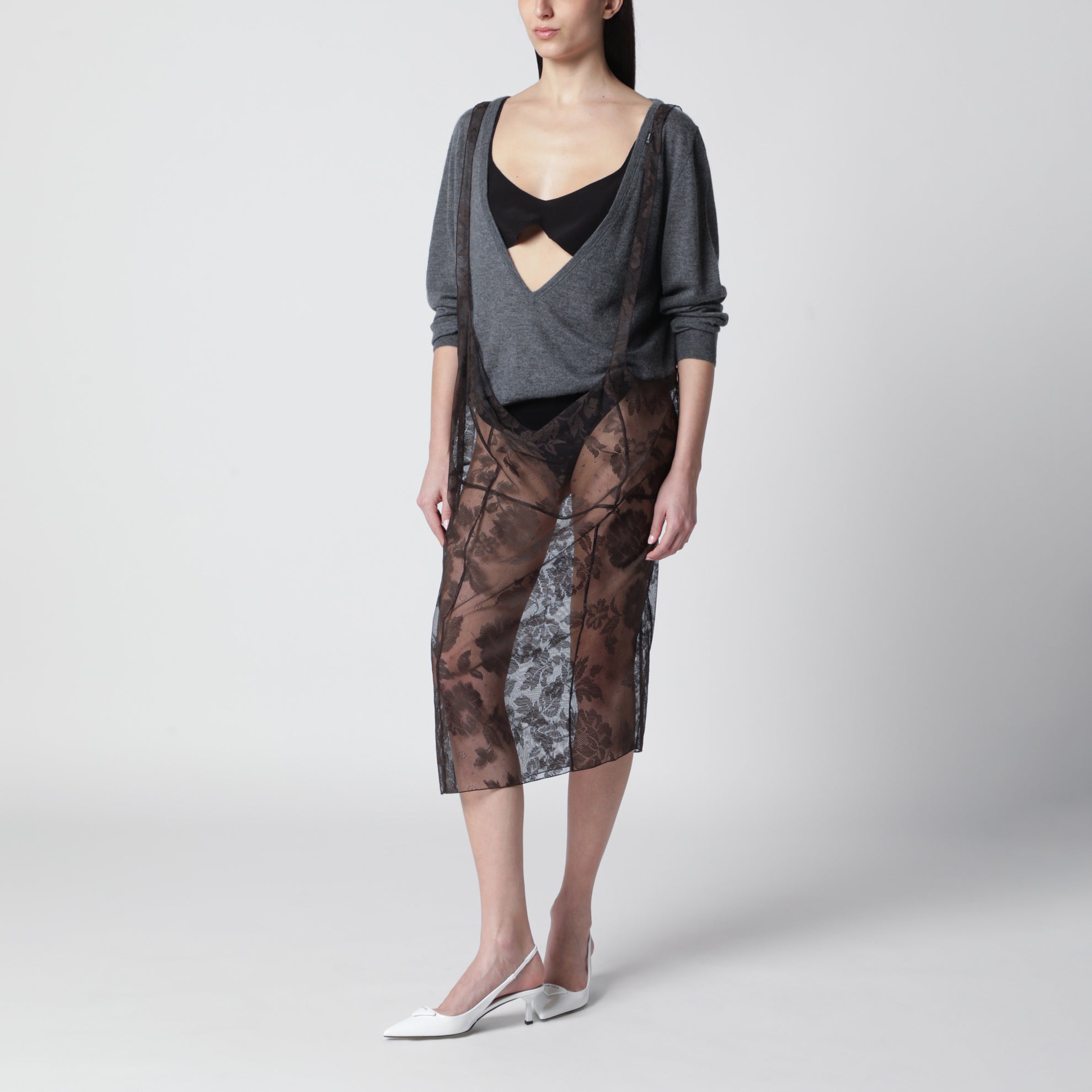 Brown Chantilly lace midi skirt with straps