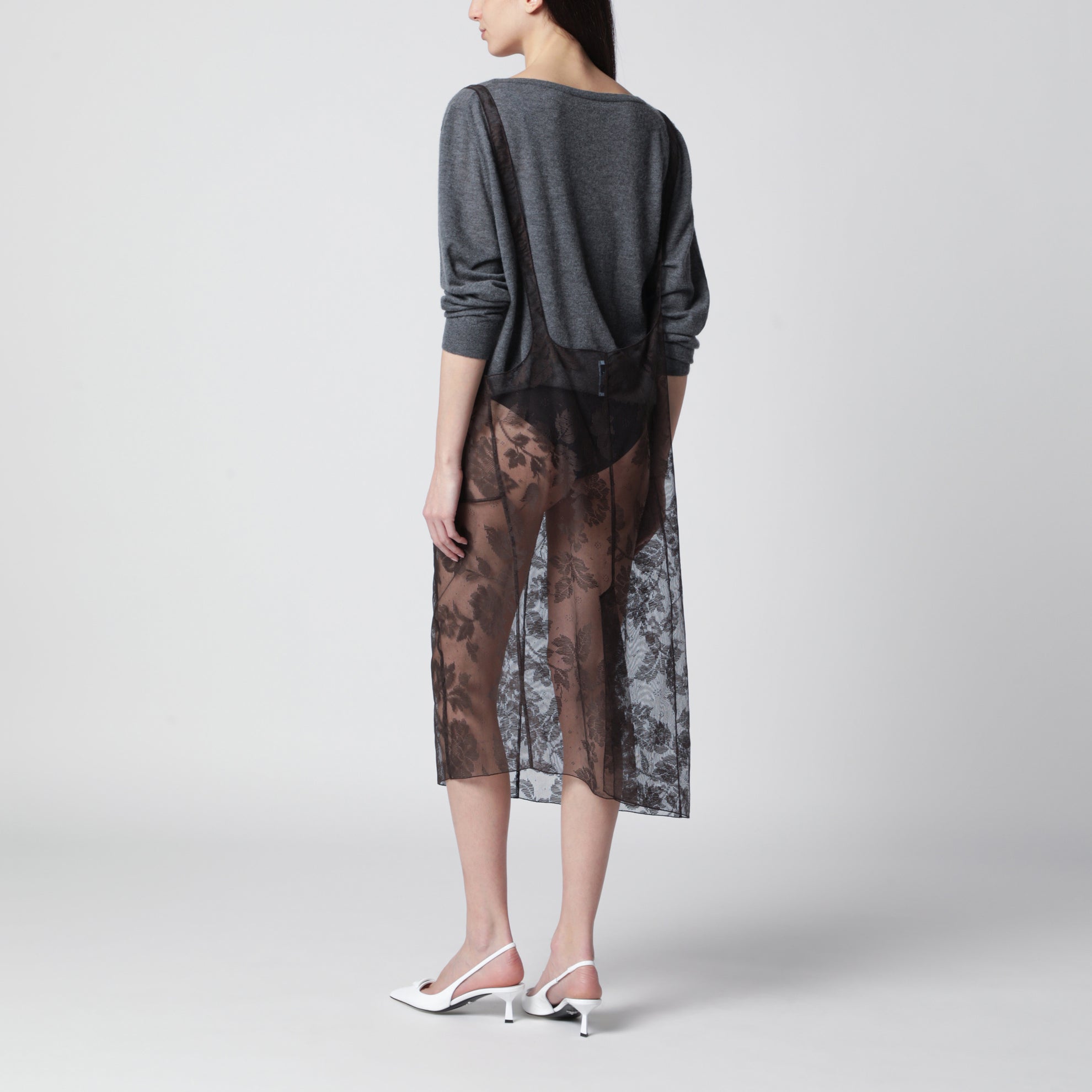 Brown Chantilly lace midi skirt with straps