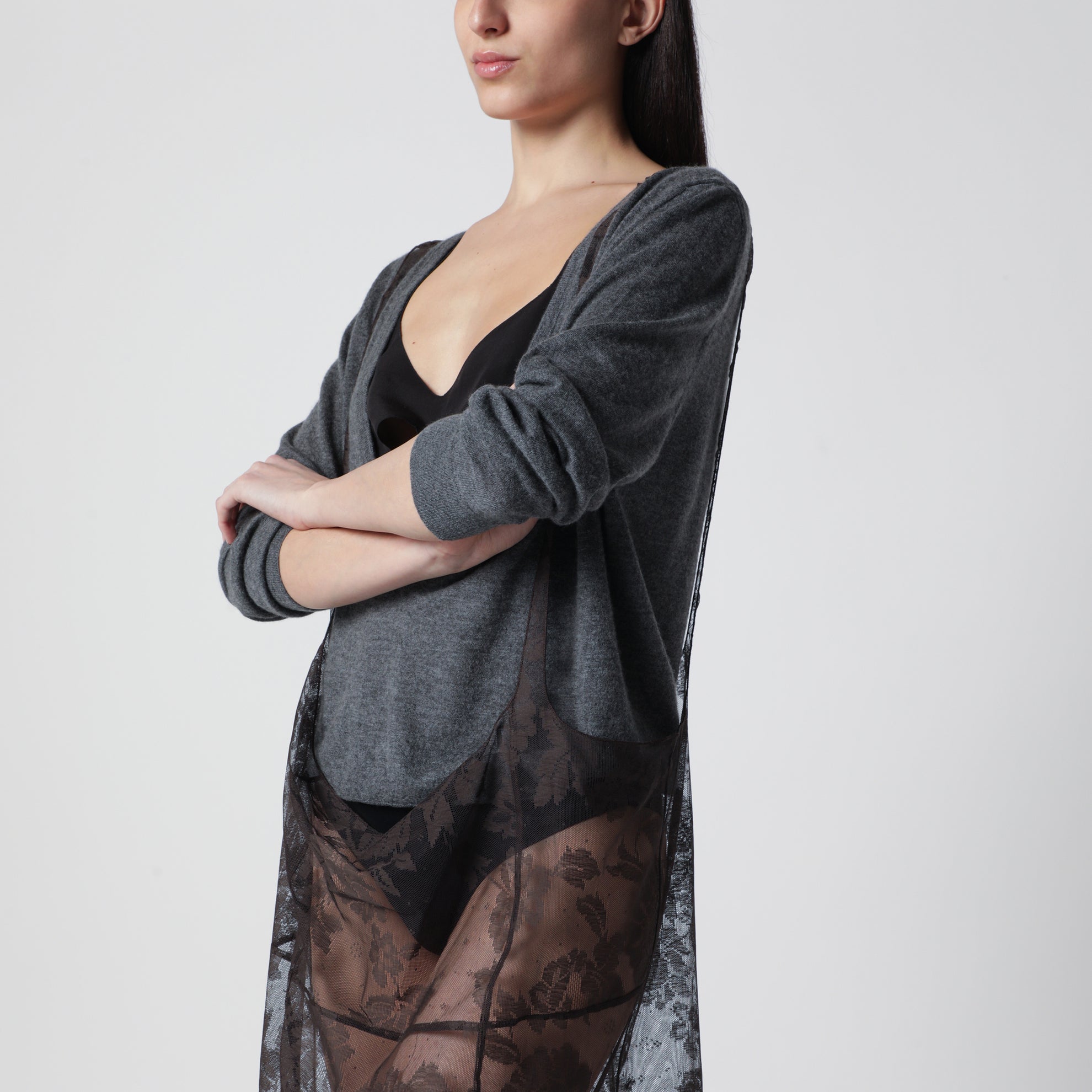 Brown Chantilly lace midi skirt with straps