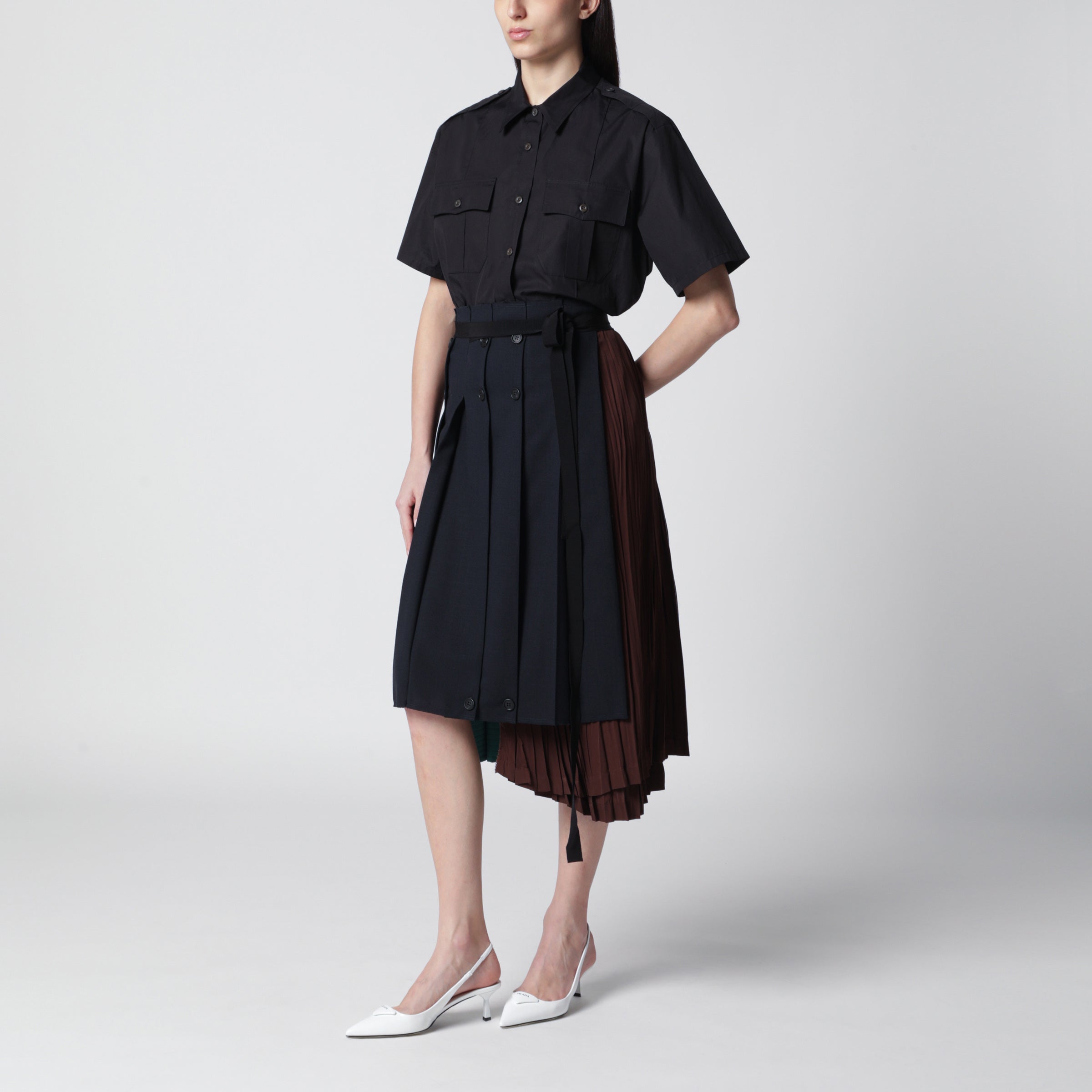Prada Asymmetric patchwork skirt in virgin wool, blue | TheDoubleF