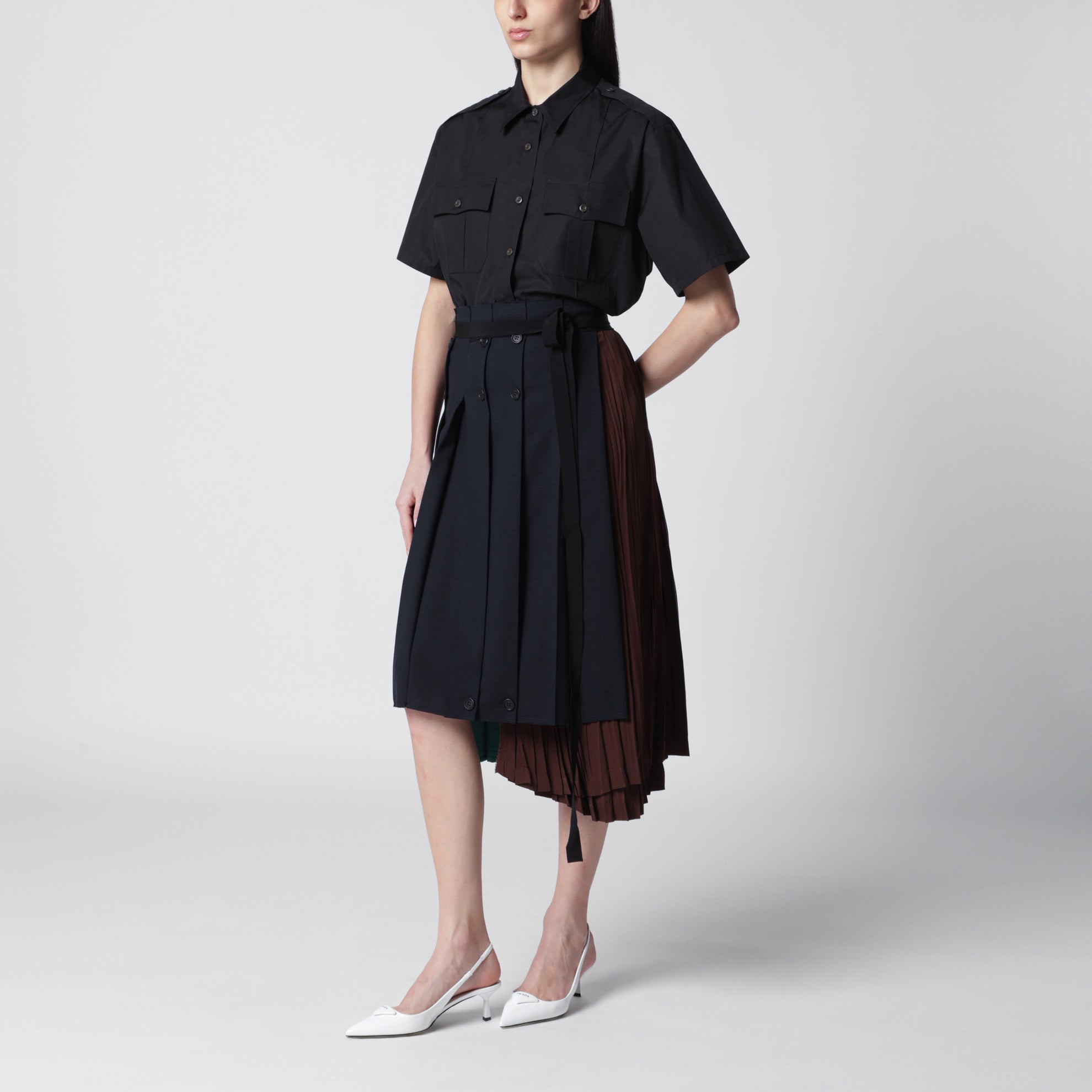 Asymmetric patchwork skirt in virgin wool, blue