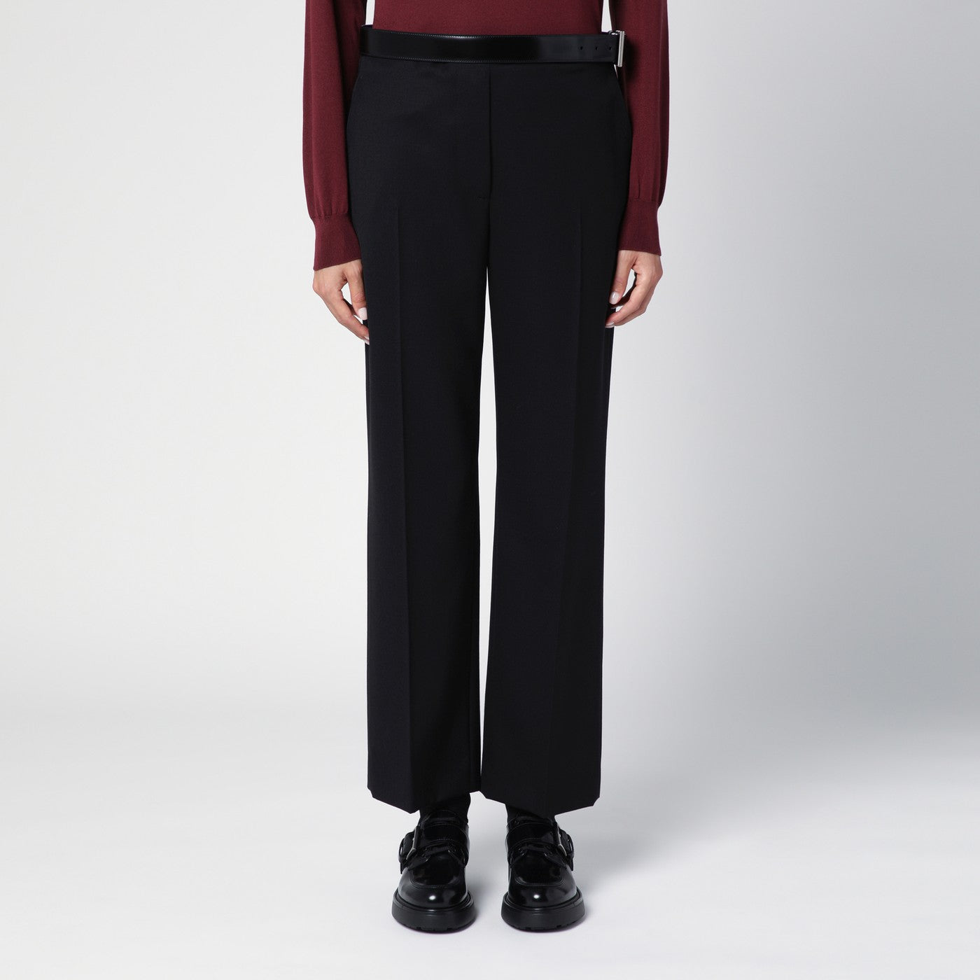 Black gabardine trousers with belt