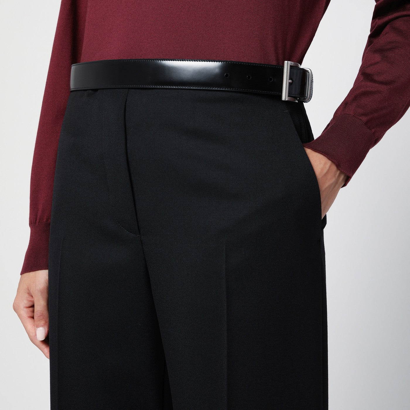 Black gabardine trousers with belt
