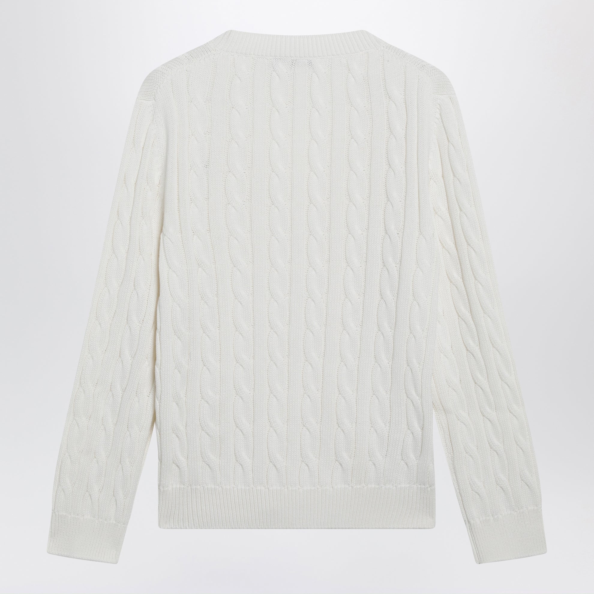 White cable-knit V-neck jumper