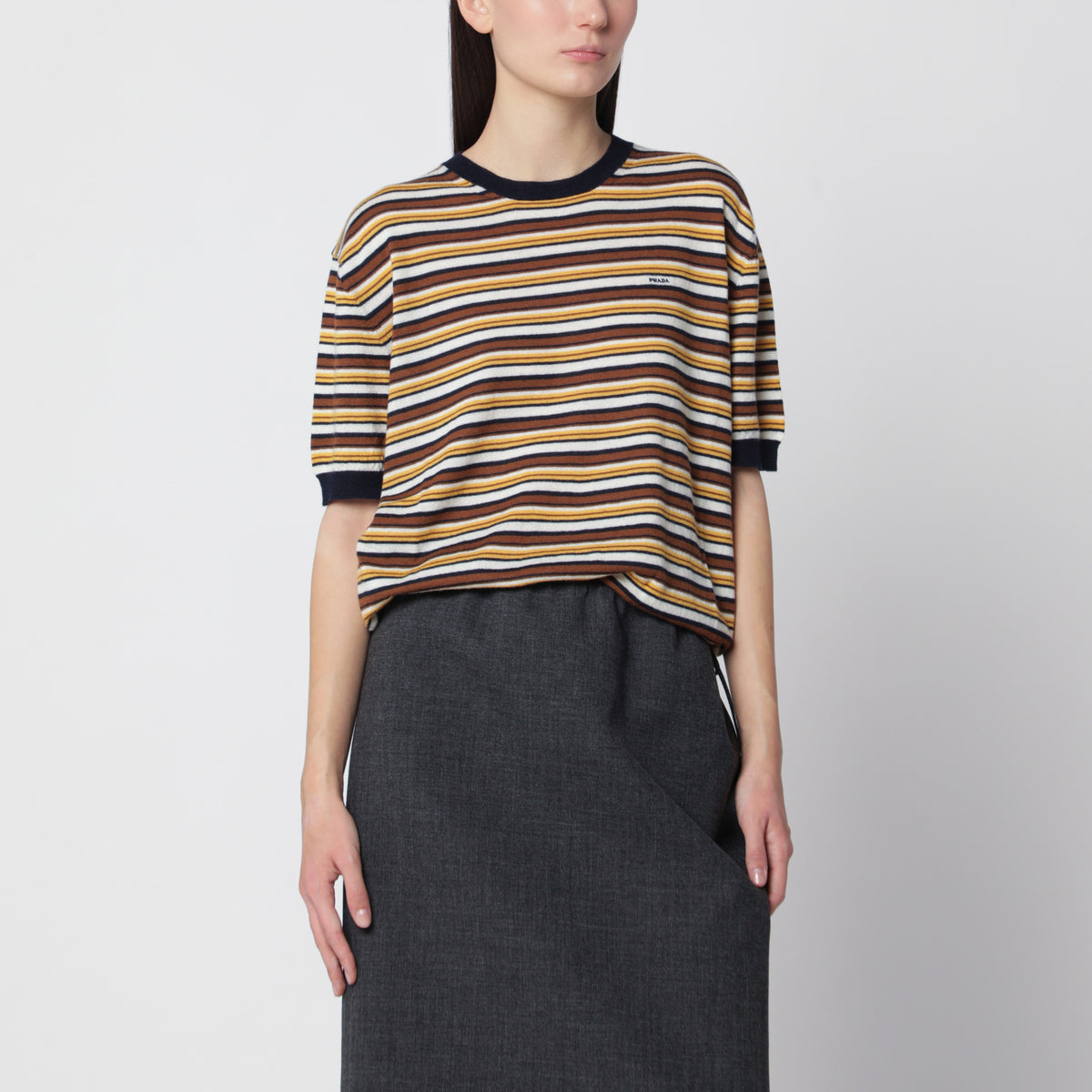 Pull rayé bleu/ naturel en cachemire