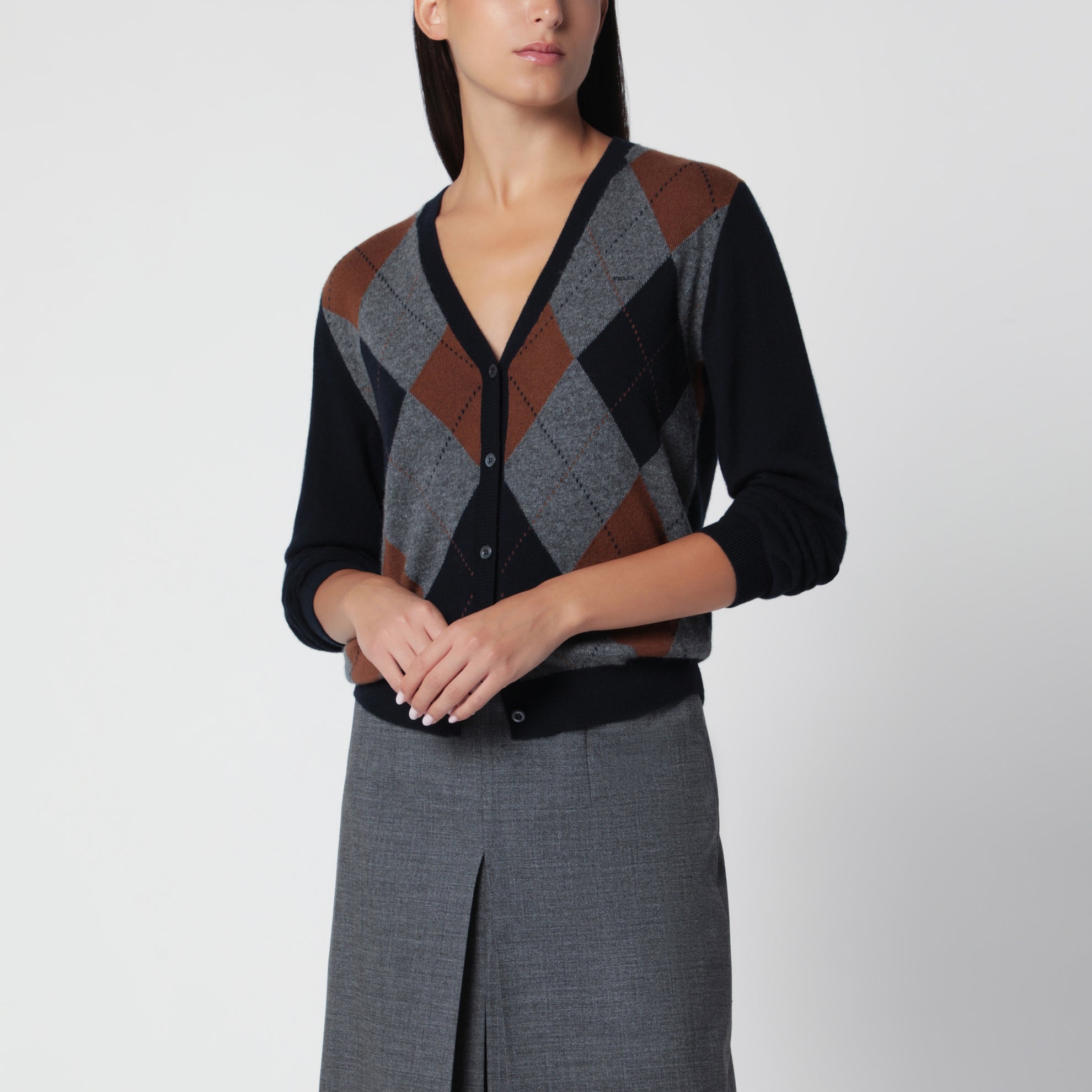 Blauer Kaschmir-Cardigan mit Argyle-Muster