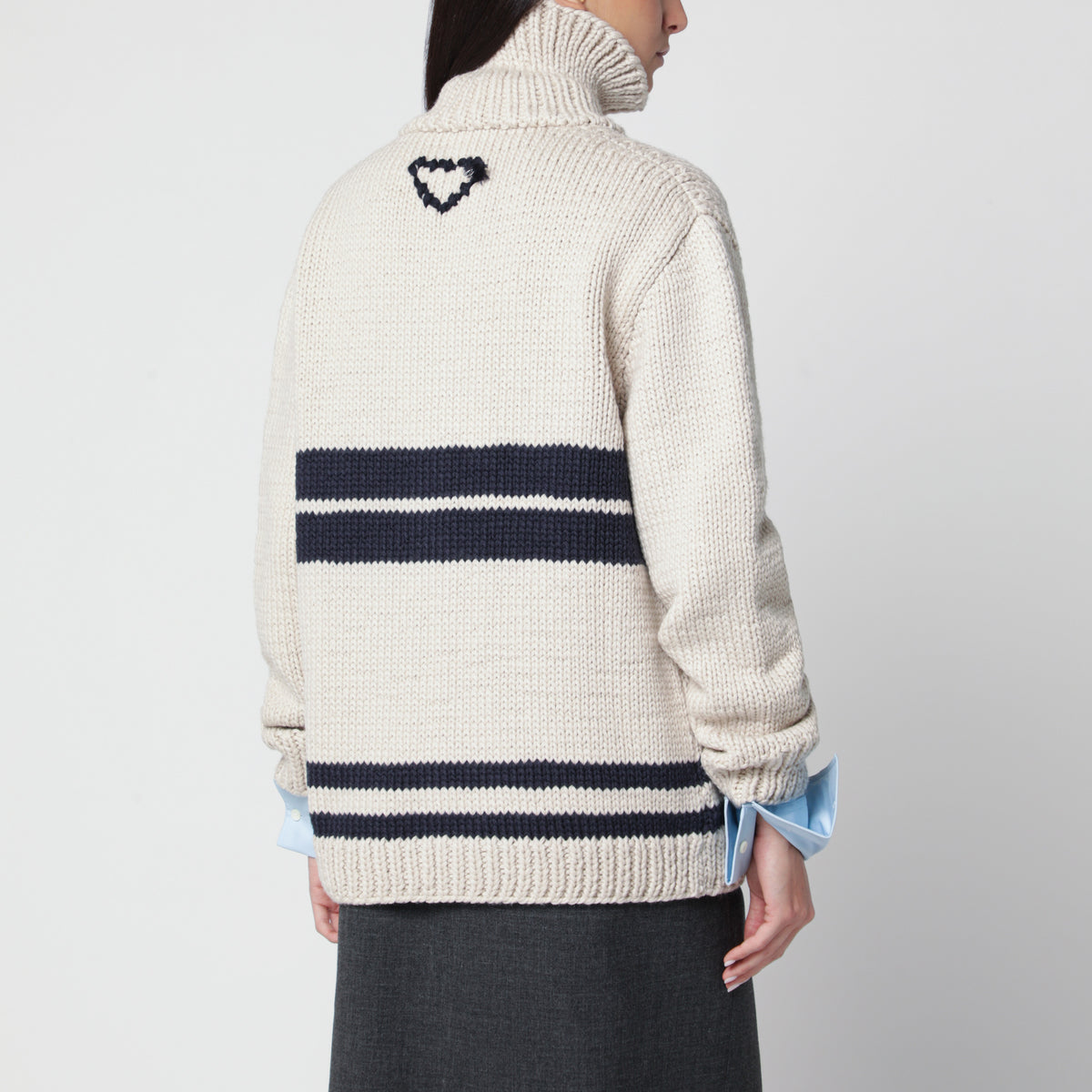 Elfenbein-blauer Cardigan mit Reißverschluss aus Wolle
