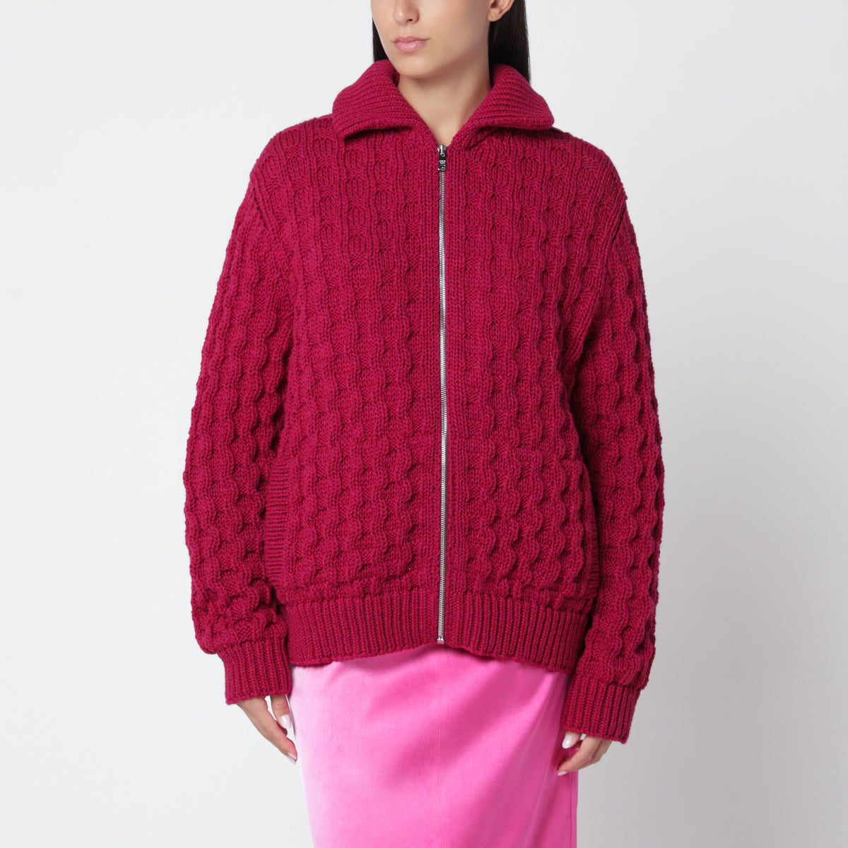 Cardigan en laine vierge framboise