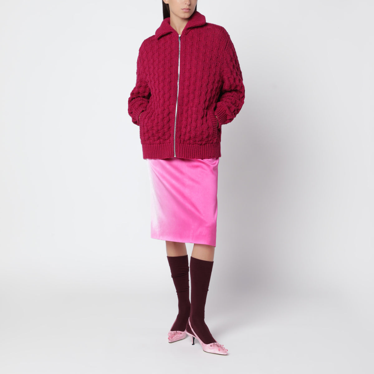 Cardigan en laine vierge framboise