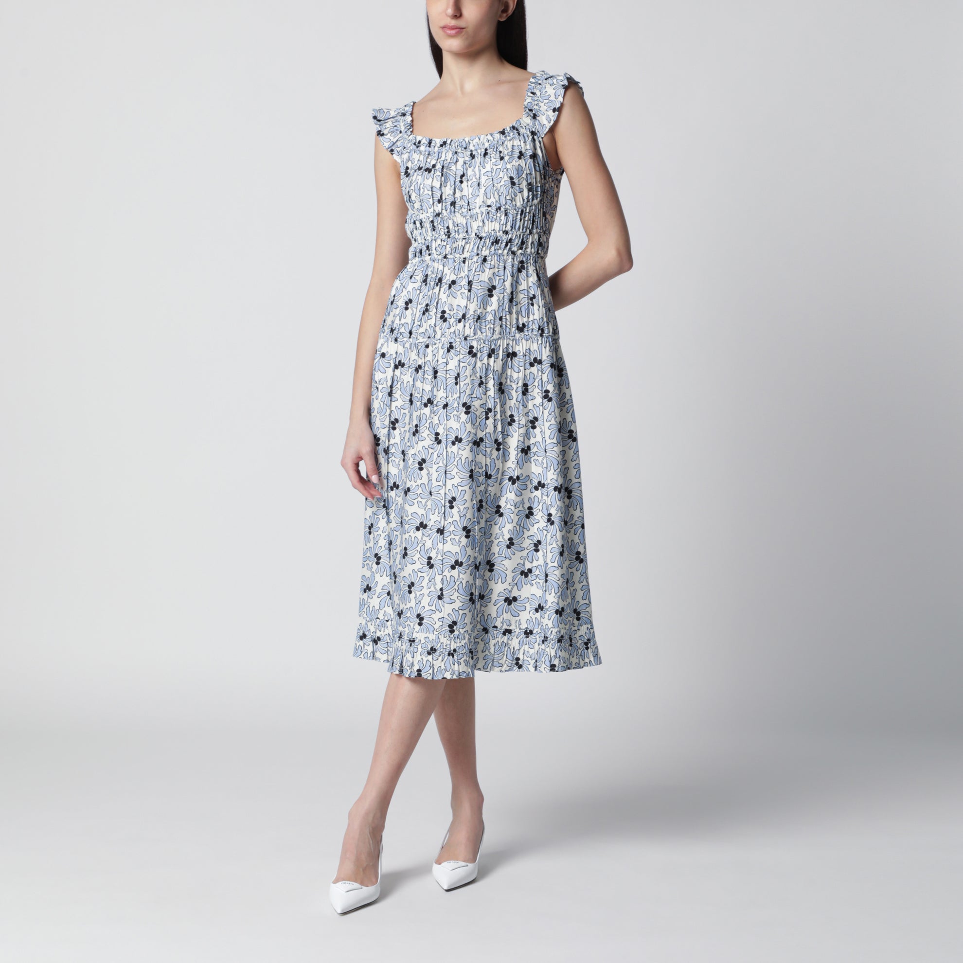 Floral-print pongee dress in light blue