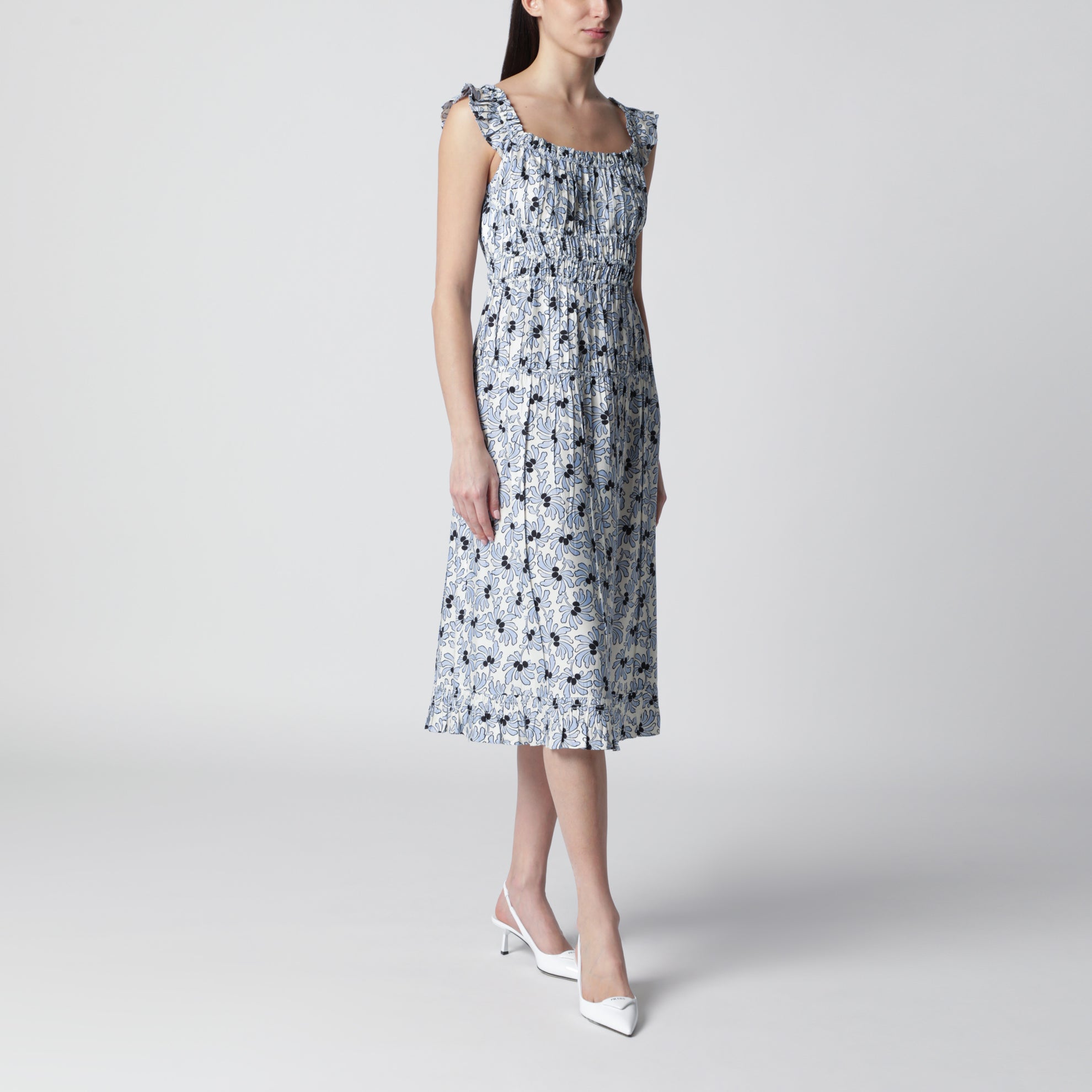 Floral-print pongee dress in light blue