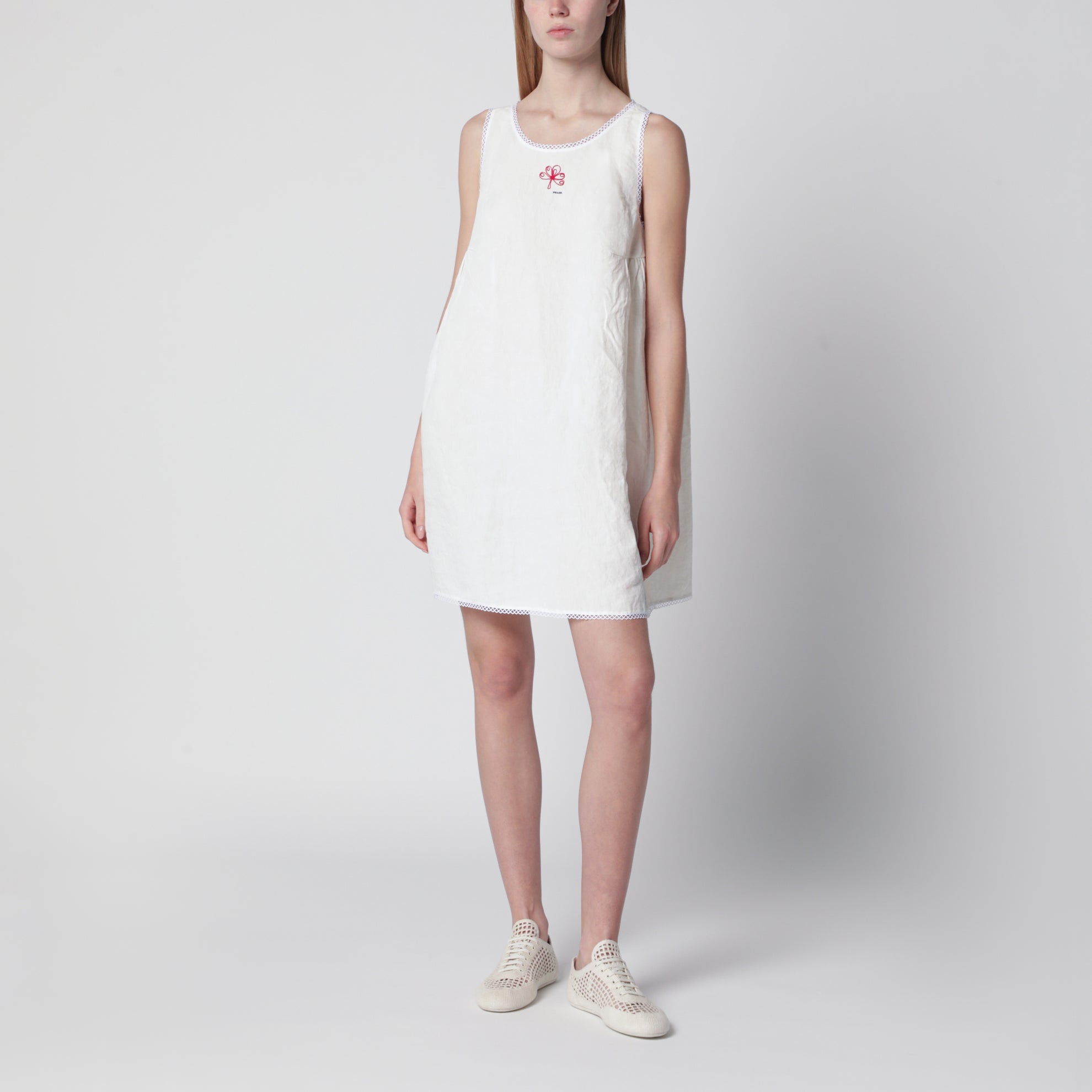 PRADA Short embroidered dress in white slub canvas
