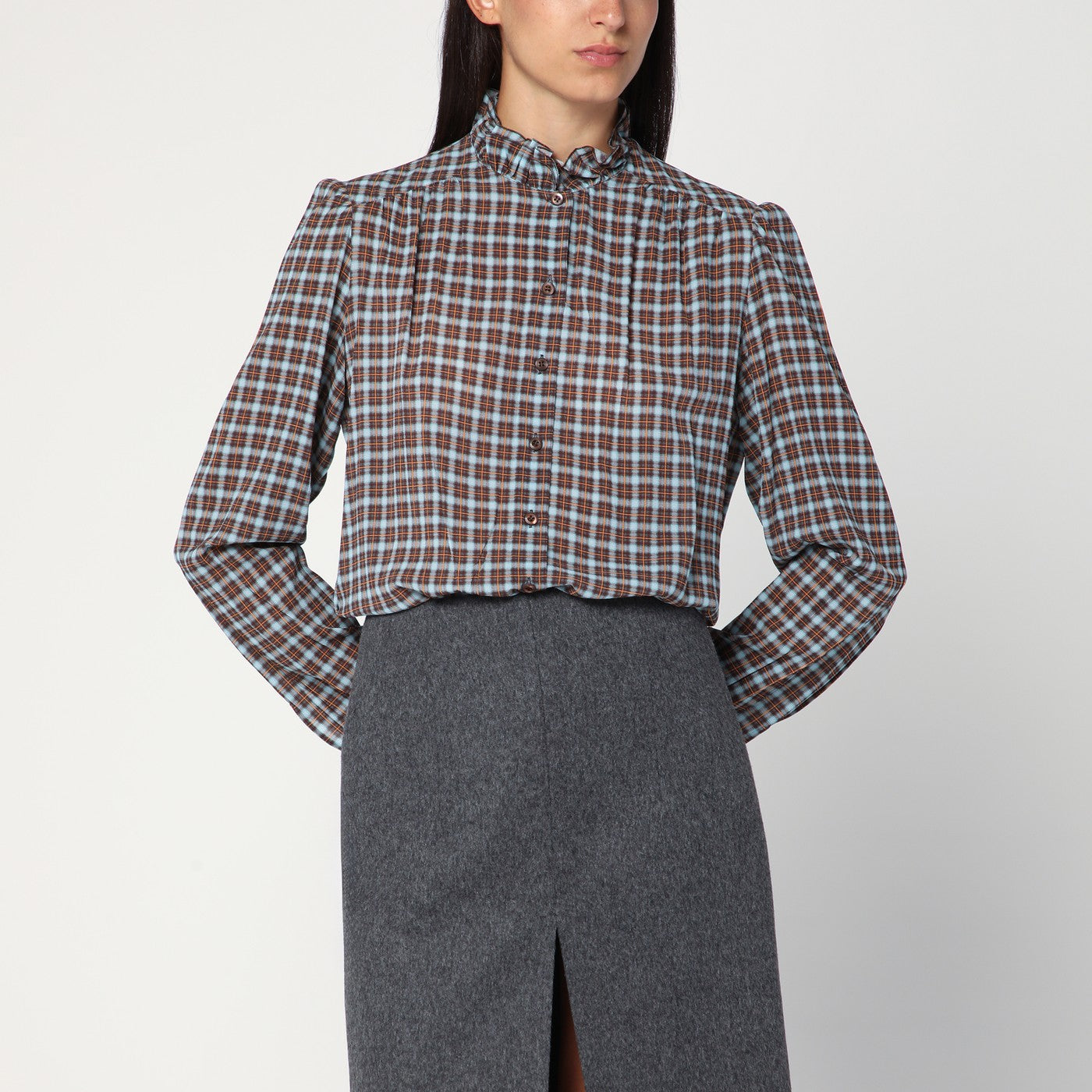 Check-patterned shirt turquoise/cocoa in silk blend