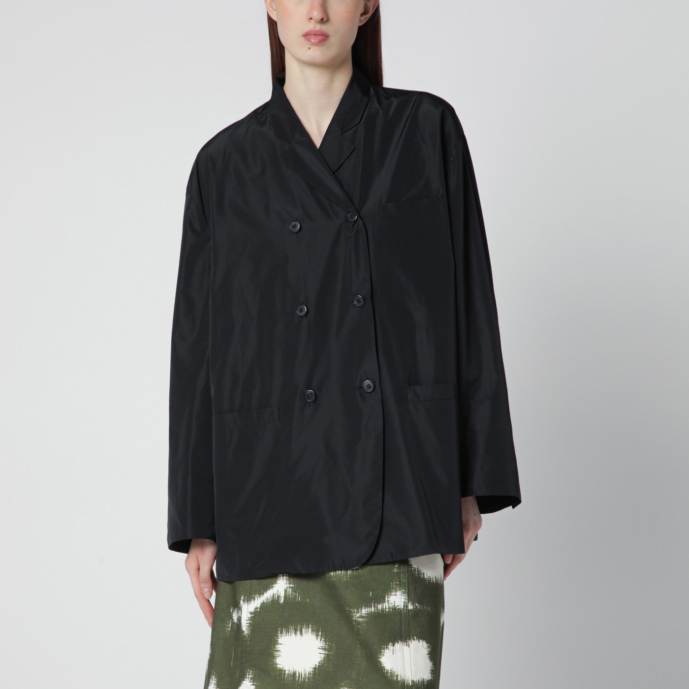Black double-breasted technical taffeta jacket